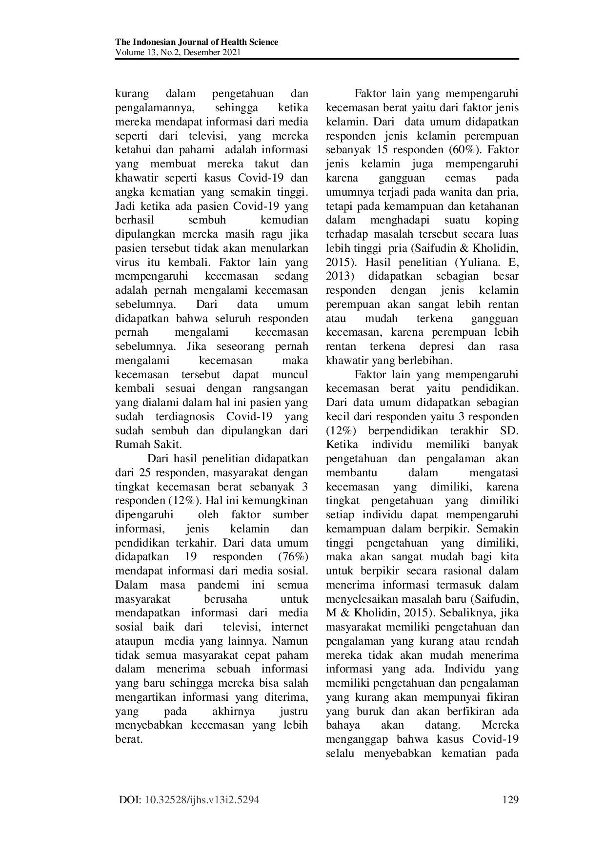 JURIS Tingkat Kecemasan Masyarakat Menghadapi Pasien Covid 19 Yang Sembuh Dari Rumah Sakit