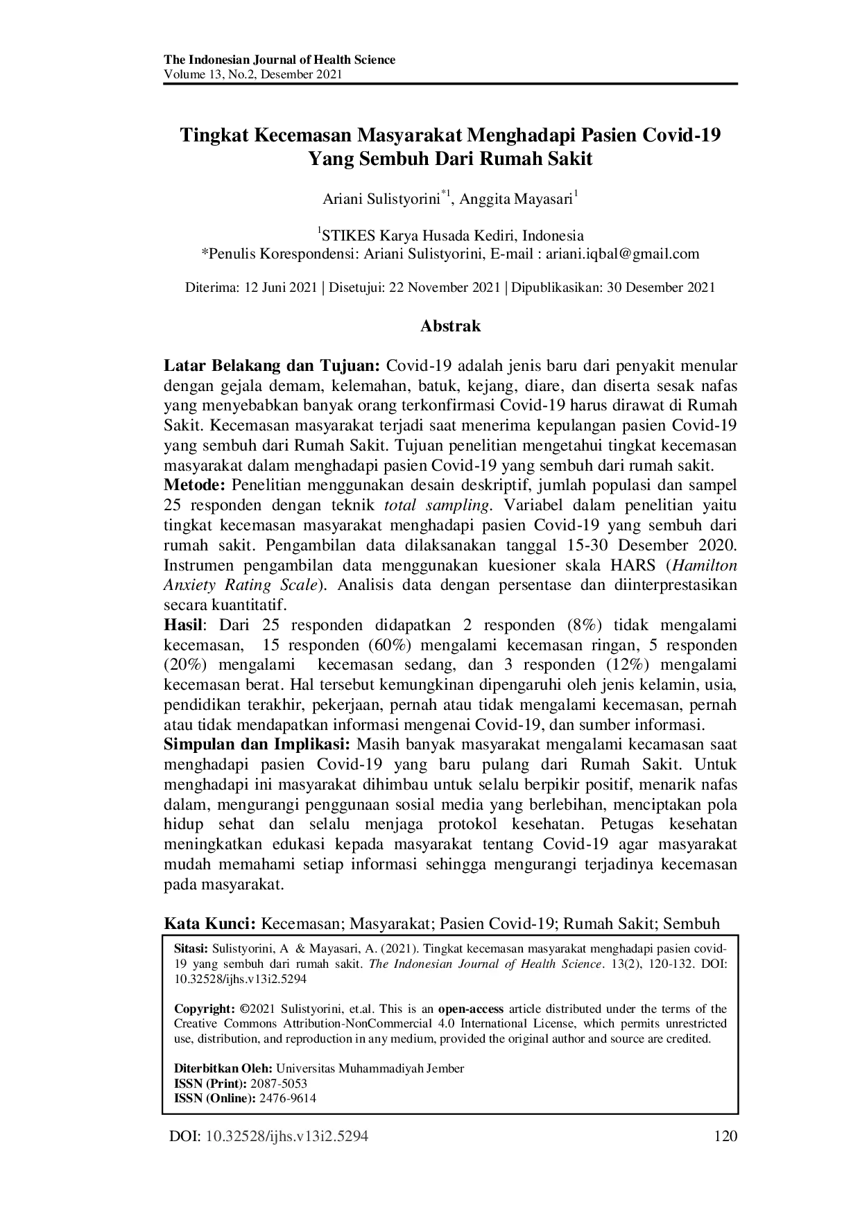 JURIS Tingkat Kecemasan Masyarakat Menghadapi Pasien Covid 19 Yang Sembuh Dari Rumah Sakit