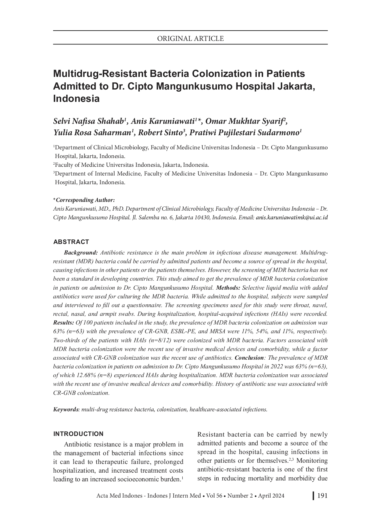 JURIS Multidrug Resistant Bacteria Colonization in Patients Admitted to Dr Cipto Mangunkusumo Hospital Jakarta Indonesia