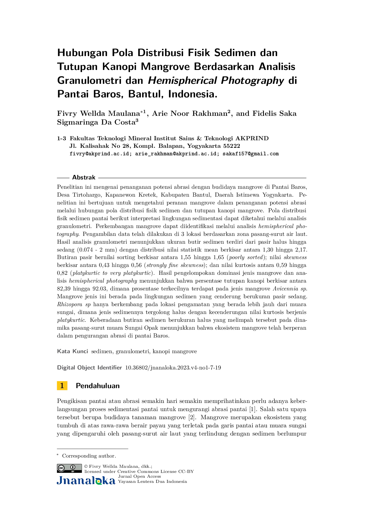 JURIS Kajian Statistik Ukuran Butir Sedimen Dan Kaitannya dengan Anatomi Struktur Mangrove di Pantai Baros Bantul Indonesia Implikasi Mitigasi Erosi