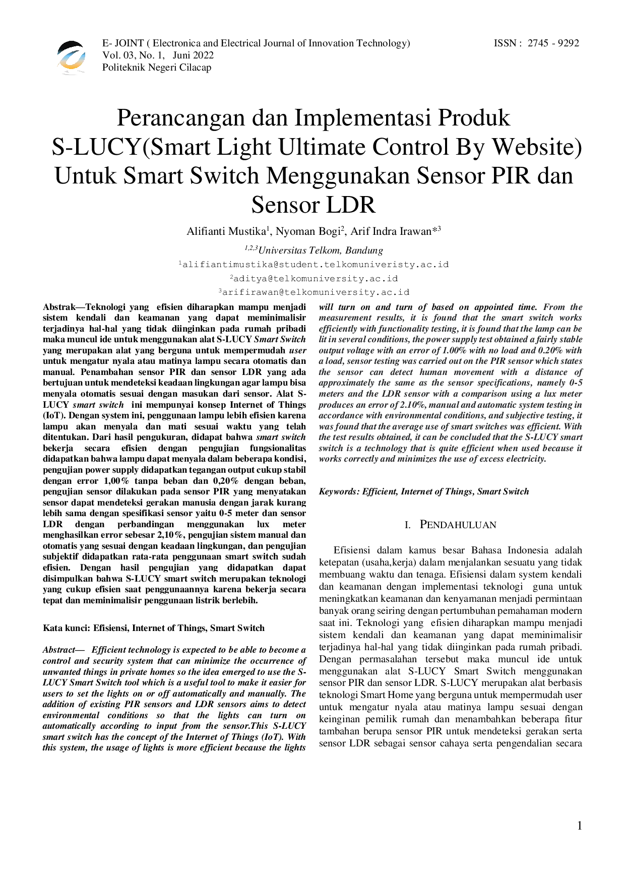 JURIS Perancangan dan Implementasi ProdukS LUCY Smart Light Ultimate Control By Website Untuk Smart Switch Menggunakan Sensor PIRdan Sensor LDR
