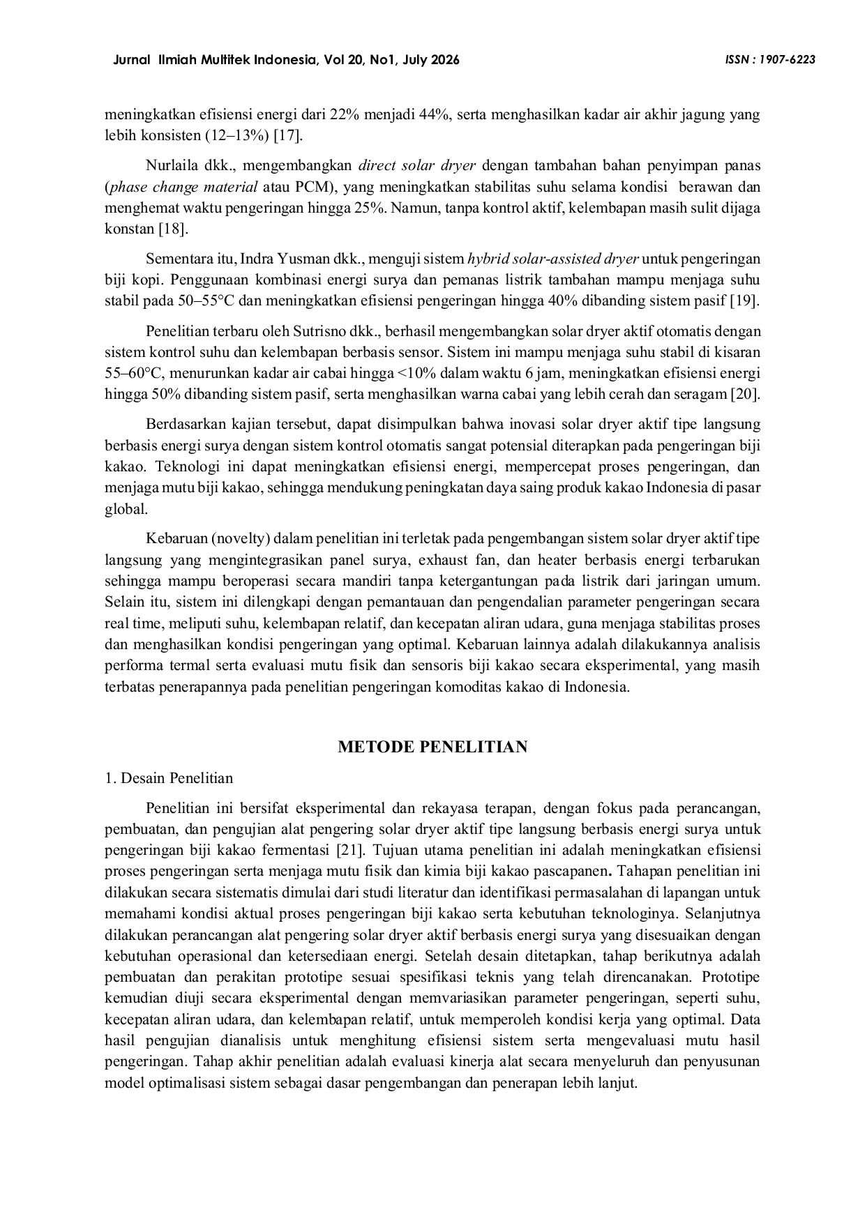 JURIS Thermal Analysis And Performance Of An Active Solar Dryer System Based On Solar Panels For Improving The Quality Of Cocoa Bean Drying