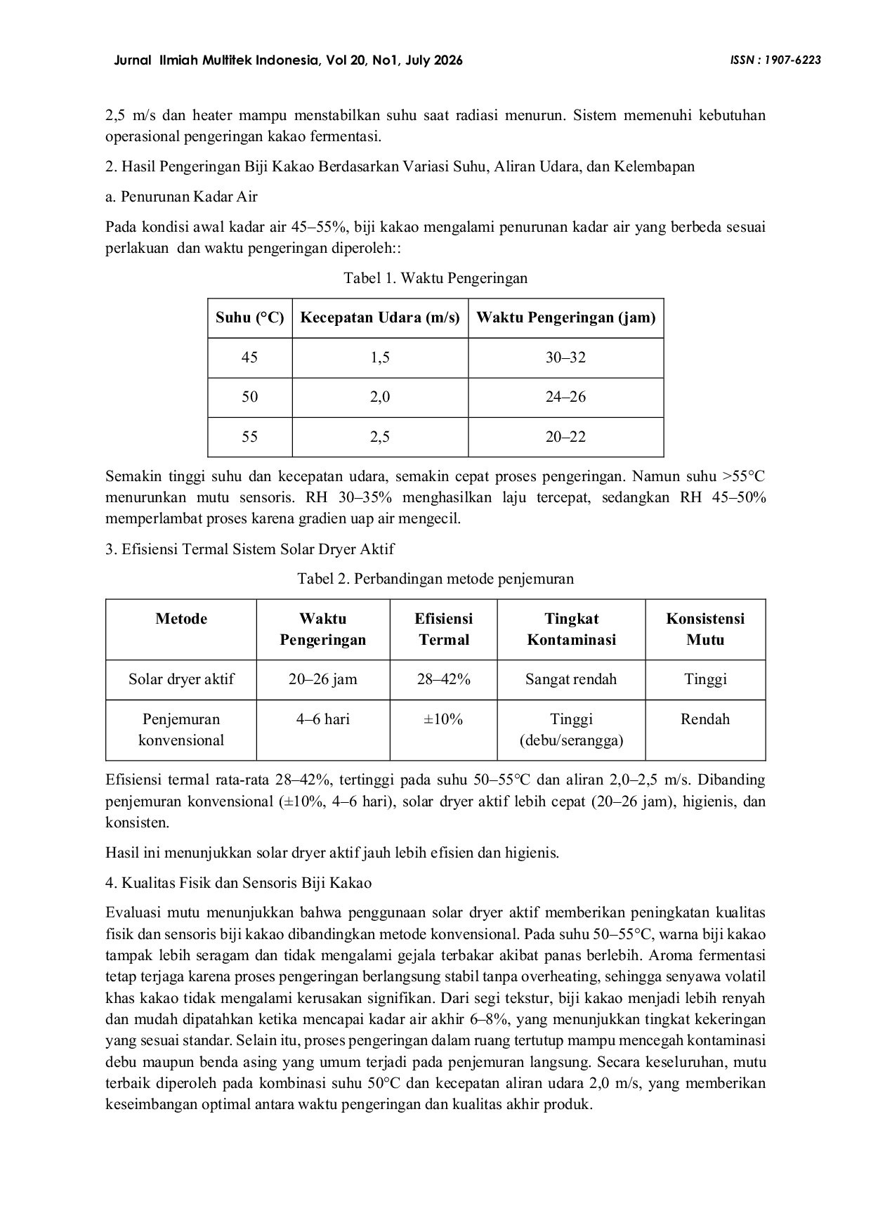 JURIS Thermal Analysis And Performance Of An Active Solar Dryer System Based On Solar Panels For Improving The Quality Of Cocoa Bean Drying