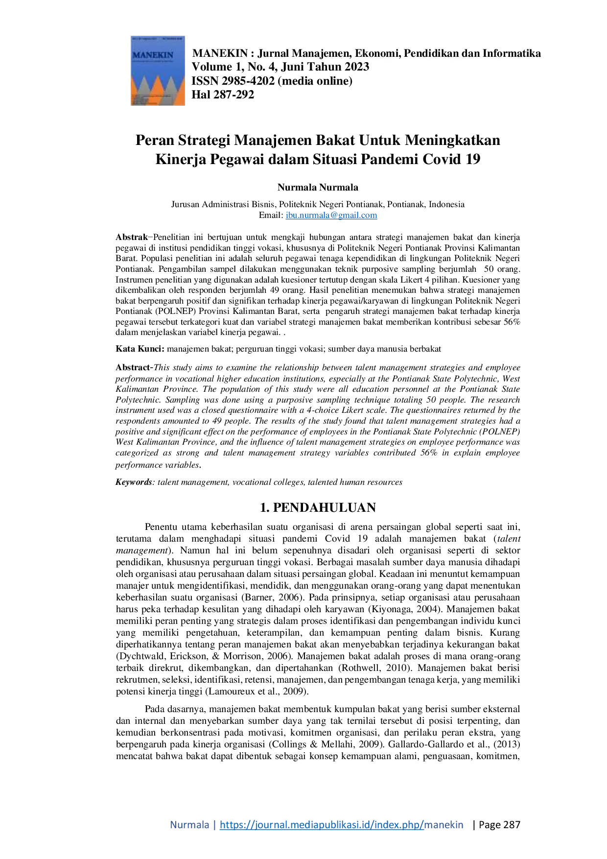 JURIS Peran Strategi Manajemen Bakat Untuk Meningkatkan Kinerja Pegawai dalam Situasi Pandemi Covid 19