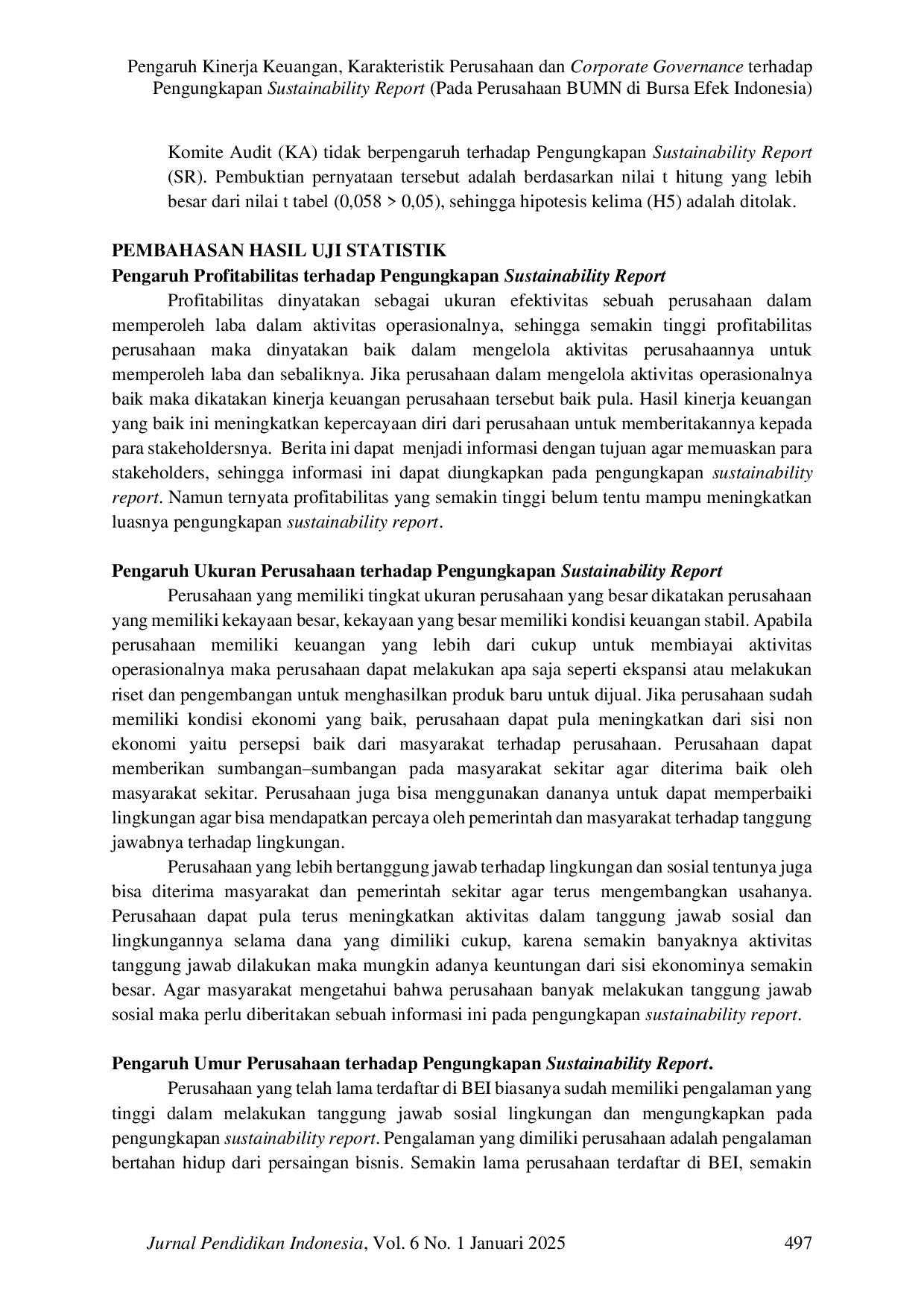 JURIS Pengaruh Kinerja Keuangan Karakteristik Perusahaan dan Corporate Governance terhadap Pengungkapan Sustainability Report Pada Perusahaan BUMN di Bursa Efek Indonesia