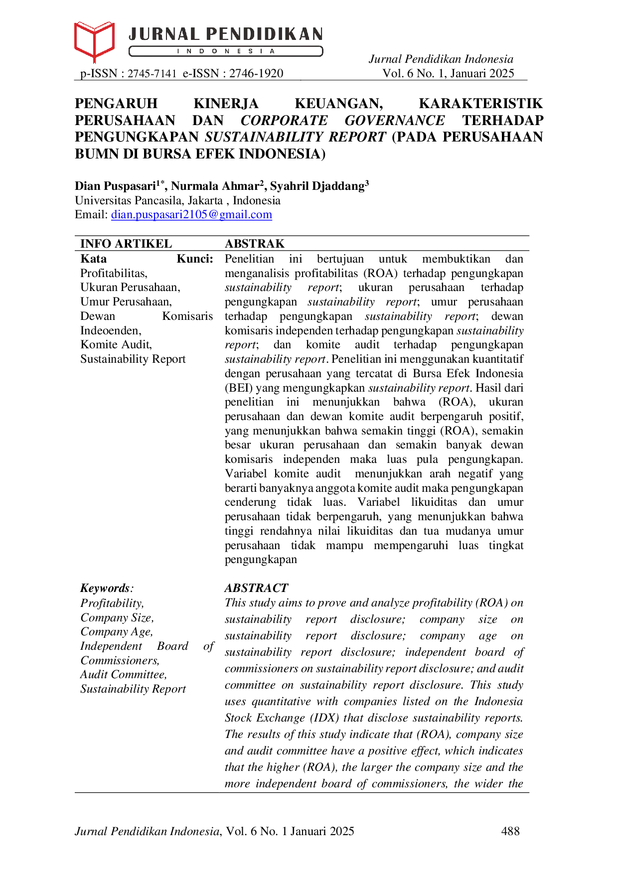 JURIS Pengaruh Kinerja Keuangan Karakteristik Perusahaan dan Corporate Governance terhadap Pengungkapan Sustainability Report Pada Perusahaan BUMN di Bursa Efek Indonesia