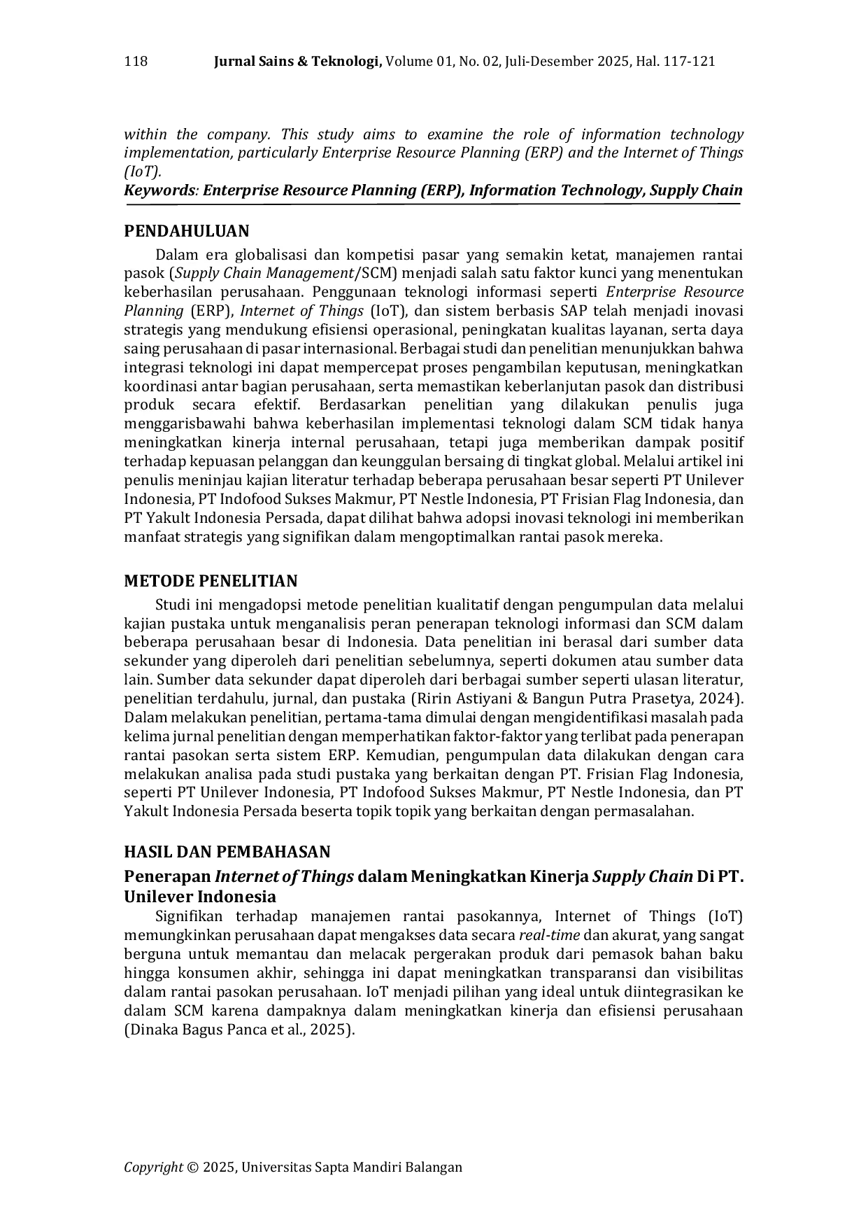 JURIS Peran Teknologi Informasi Dan SCM Dalam Meningkatkan Efisiensi Dan Kinerja Operasional Perusahaan