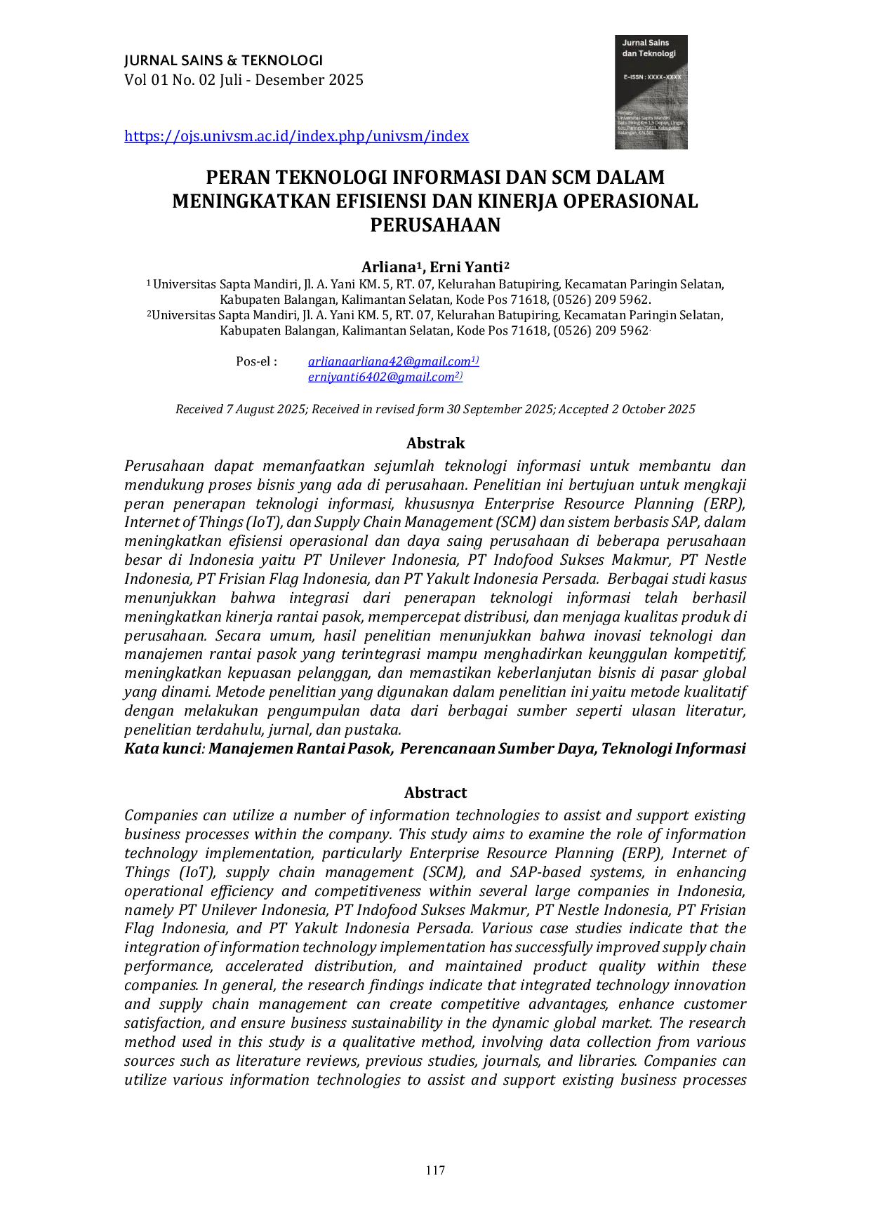 JURIS Peran Teknologi Informasi Dan SCM Dalam Meningkatkan Efisiensi Dan Kinerja Operasional Perusahaan