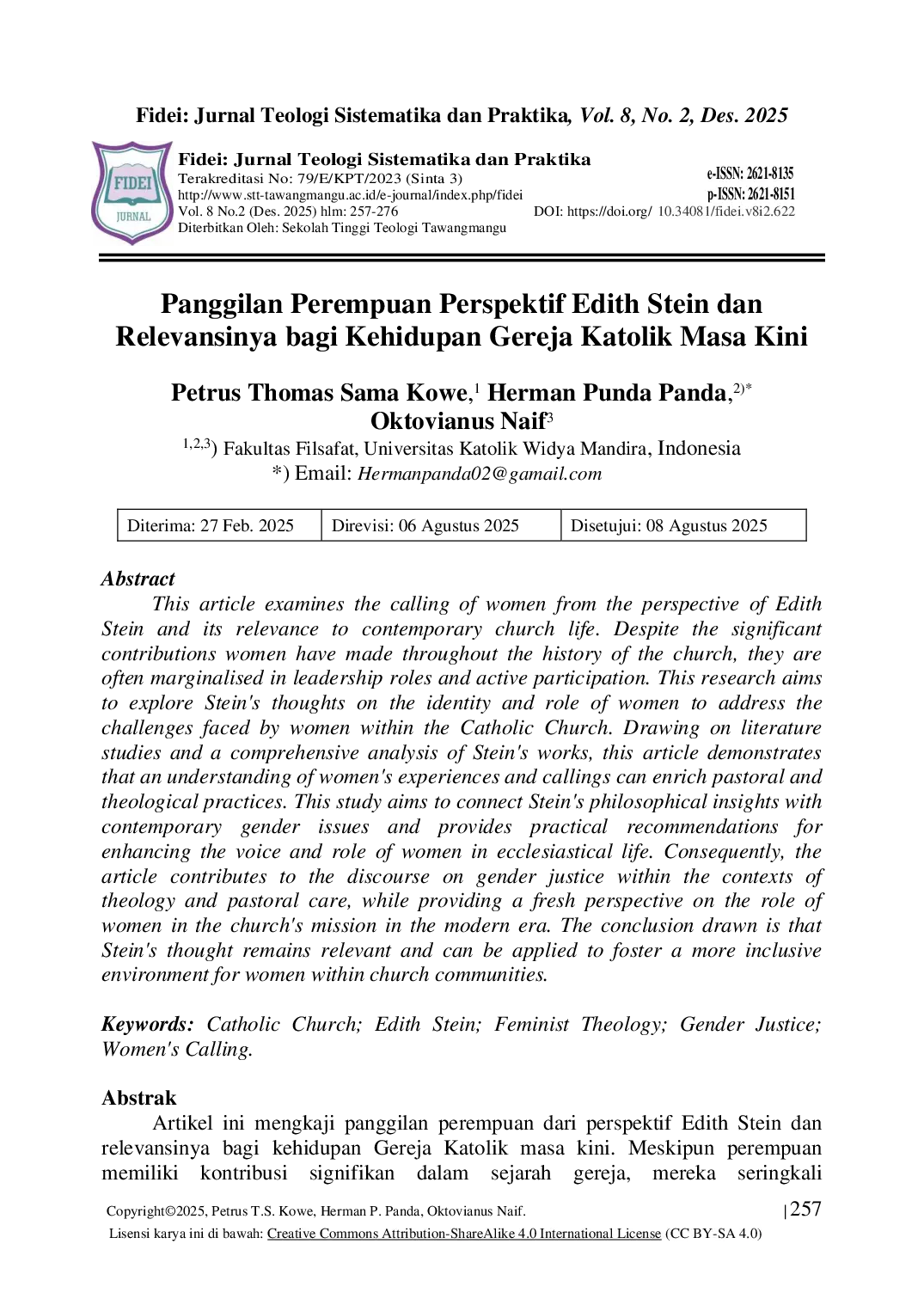 JURIS Panggilan Perempuan Perspektif Edith Stein dan Relevansinya bagi Kehidupan Gereja Katolik Masa Kini