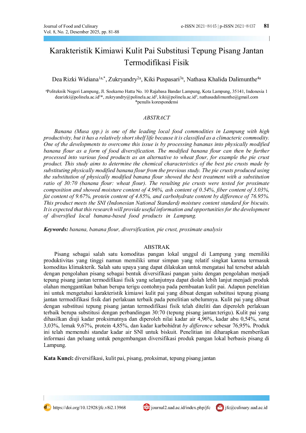JURIS Karakteristik Kimiawi Kulit Pai Substitusi Tepung Pisang Jantan Termodifikasi Fisik