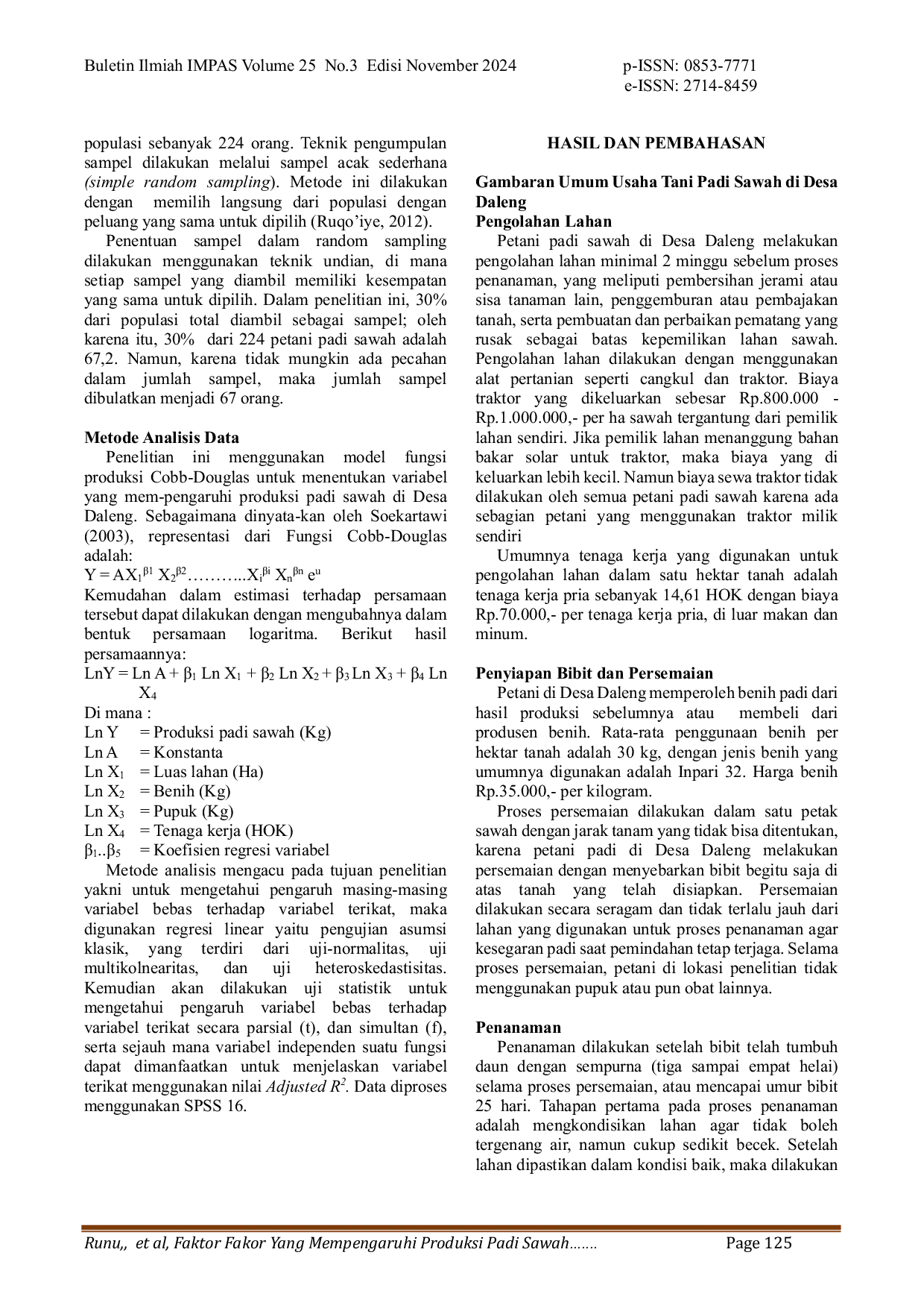 JURIS Faktor Faktor yang Mempengaruhi Produksi Padi Sawah di Desa Daleng Kecamatan Lembor Kabupaten Manggarai Barat