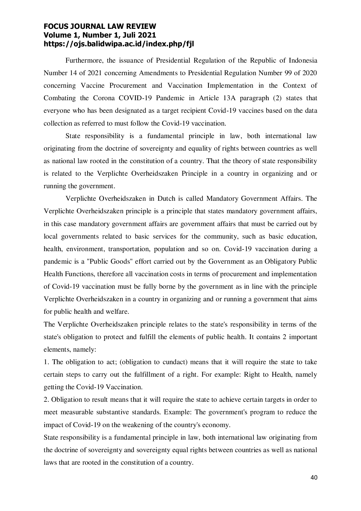 JURIS Verplichte Overheidszaken Principle on the Perspective of Covid 19 Vaccination in Indonesia