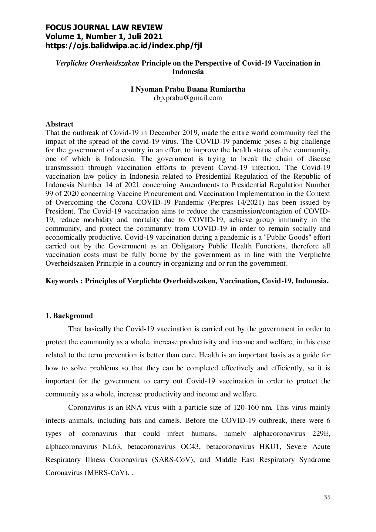 JURIS Verplichte Overheidszaken Principle on the Perspective of Covid 19 Vaccination in Indonesia