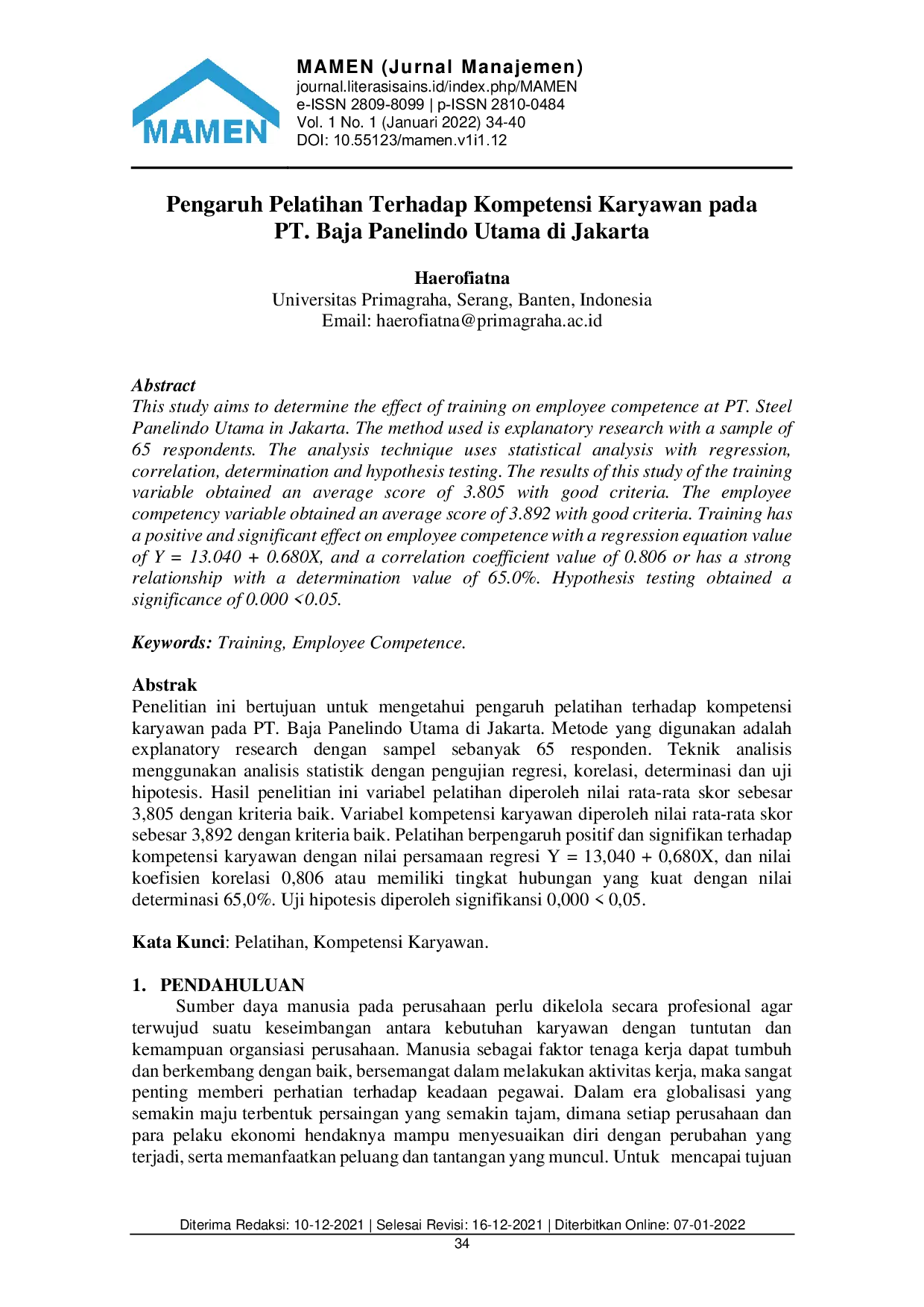 JURIS Pengaruh Pelatihan Terhadap Kompetensi Karyawan pada PT Baja Panelindo Utama di Jakarta