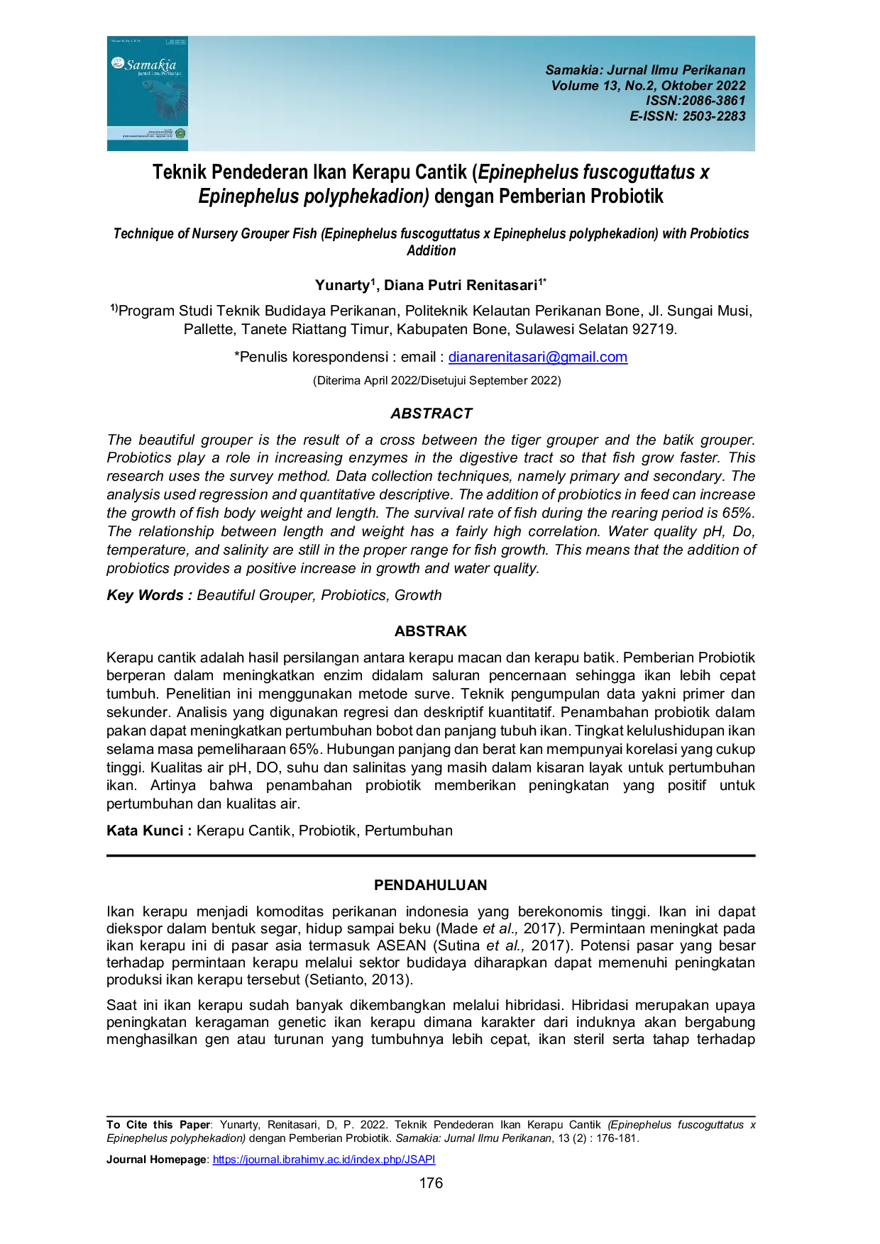 JURIS Teknik Pendederan Ikan Kerapu Cantik Epinephelus fuscoguttatus x Epinephelus polyphekadion dengan Pemberian Probiotik