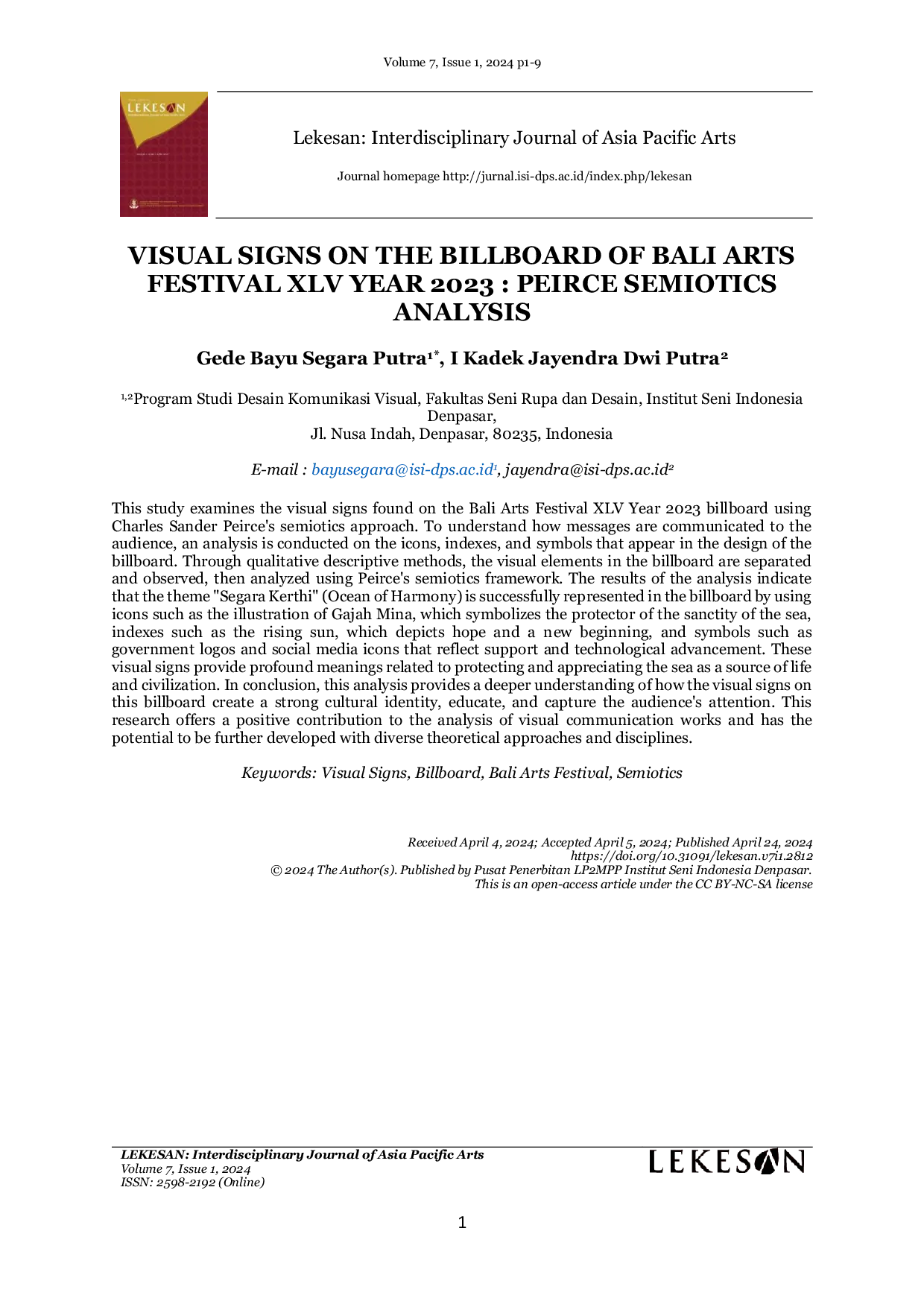 JURIS Visual Signs on the Billboard of Bali Arts Festival XLV Year 2023 Peirce Semiotics Analysis