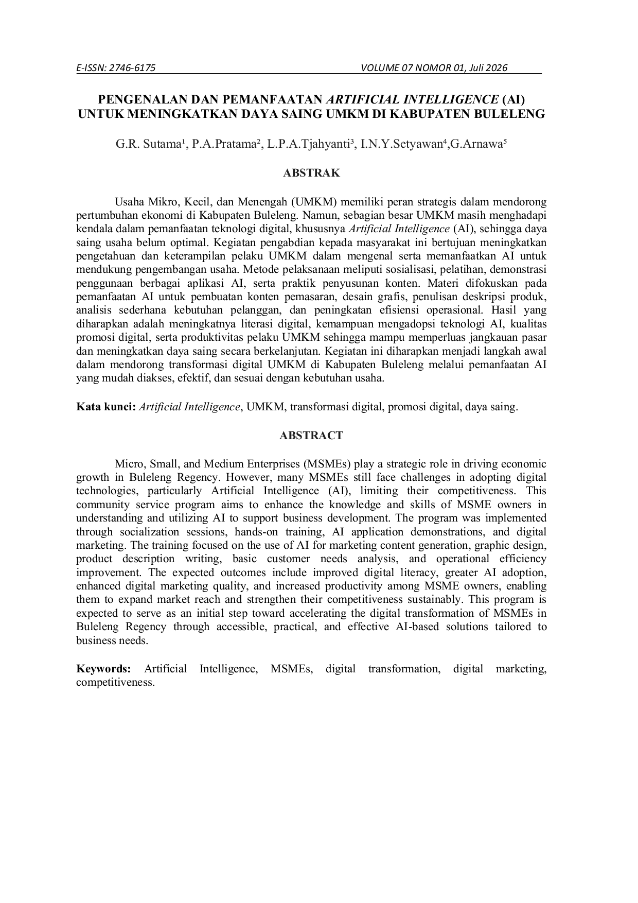 JURIS Introduction and Utilization of Artificial Intelligence AI to Enhance the Competitiveness of MSMEs in Buleleng Regency