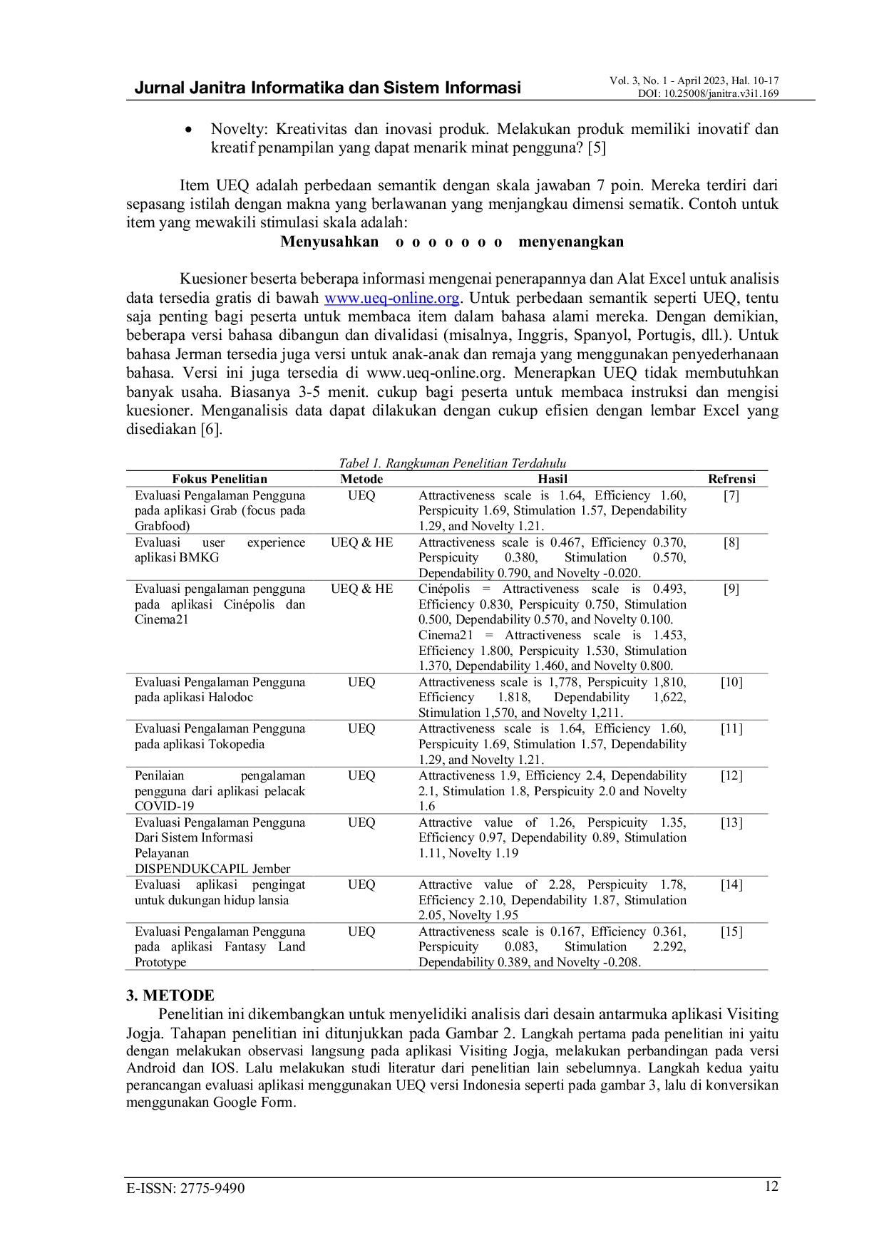 JURIS Evaluasi Pengalaman Pengguna Pada Aplikasi Seluler Visiting Jogja Menggunakan Metode User Experience Questionnaire UEQ