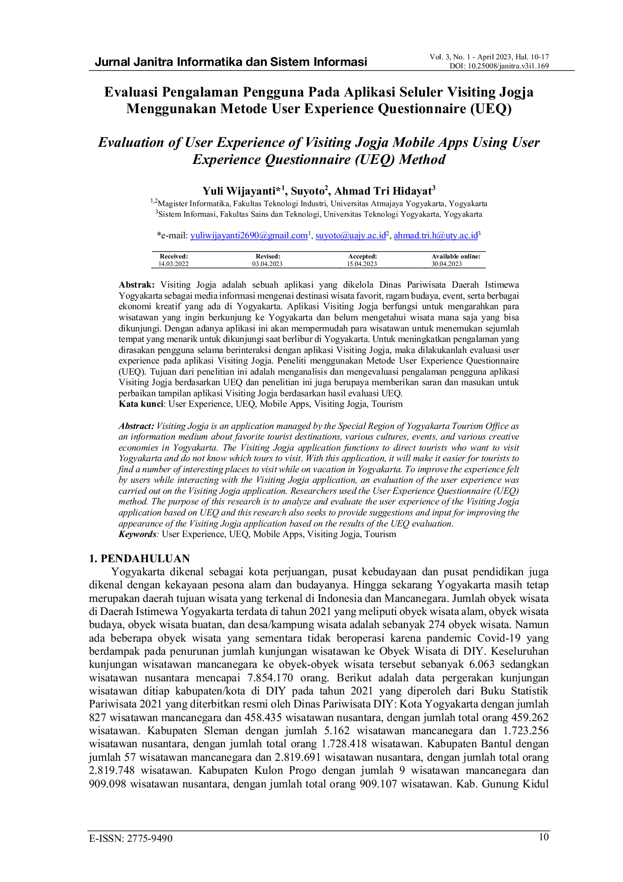 JURIS Evaluasi Pengalaman Pengguna Pada Aplikasi Seluler Visiting Jogja Menggunakan Metode User Experience Questionnaire UEQ