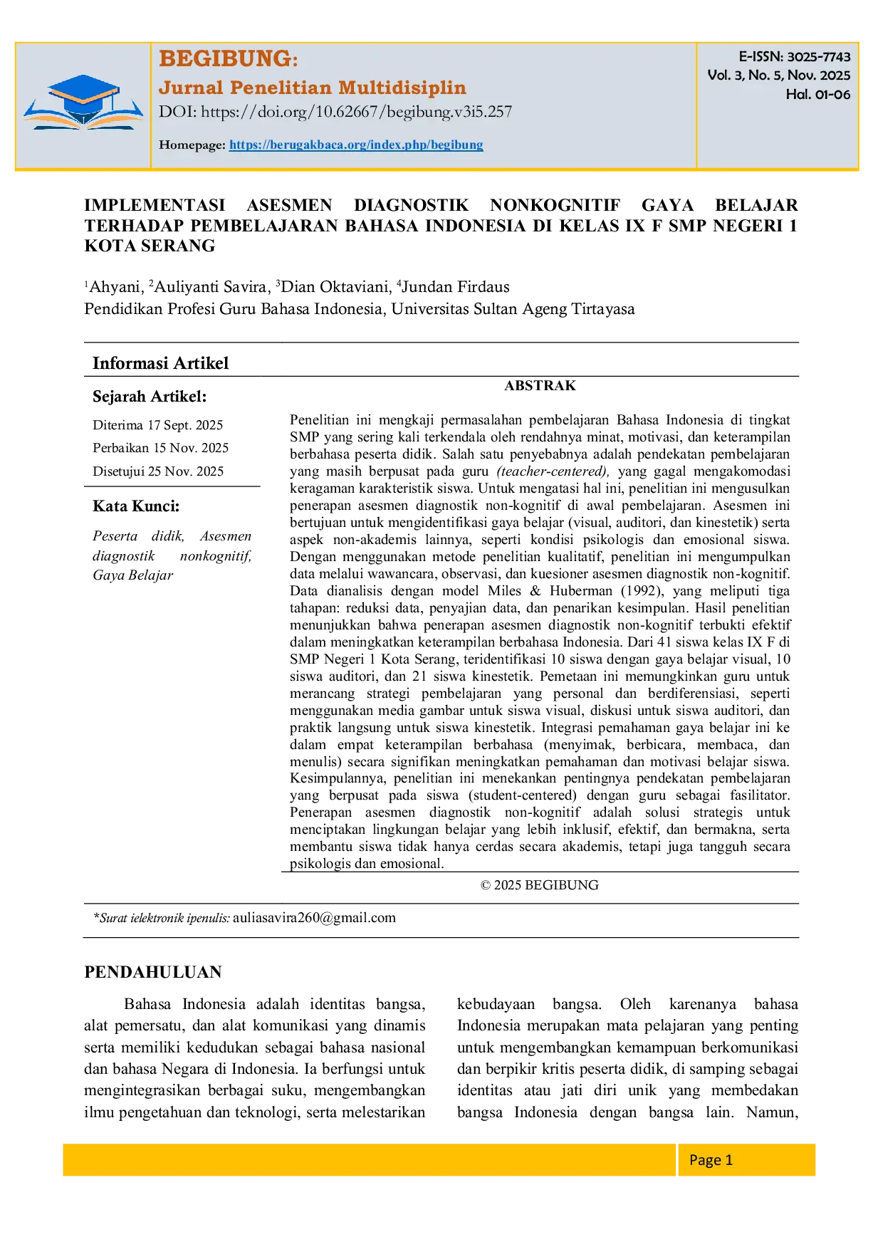 JURIS Implementasi Asesmen Diagnostik Nonkognitif Gaya Belajar Terhadap Pembelajaran Bahasa Indonesia di Kelas IX F SMP Negeri 1 Kota Serang