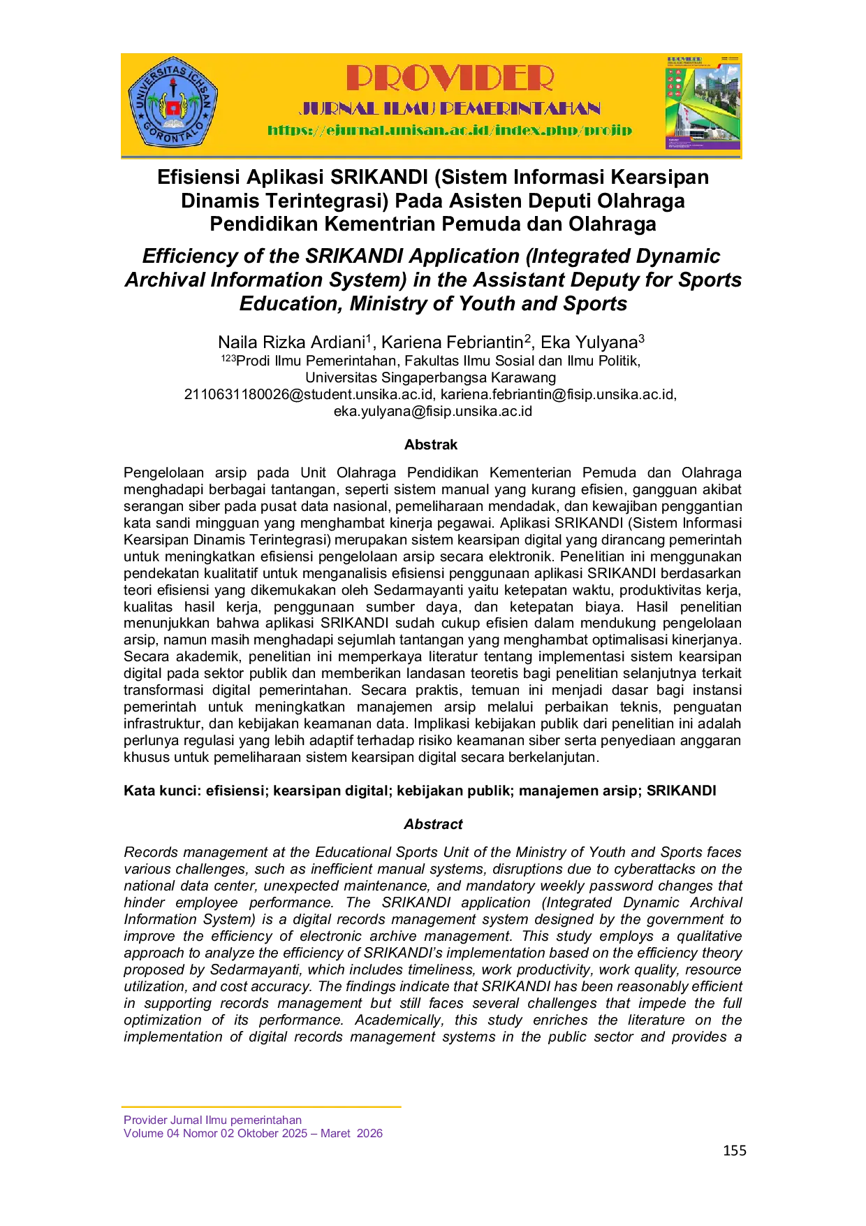 JURIS Efisiensi Aplikasi SRIKANDI Sistem Informasi Kearsipan Dinamis Terintegrasi Pada Asisten Deputi Olahraga Pendidikan Kementrian Pemuda dan Olahraga