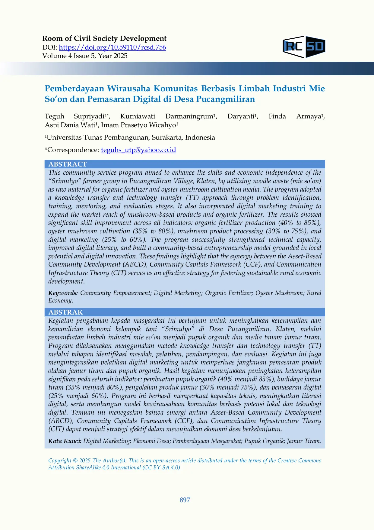 JURIS Pemberdayaan Wirausaha Komunitas Berbasis Limbah Industri Mie So on dan Pemasaran Digital di Desa Pucangmiliran