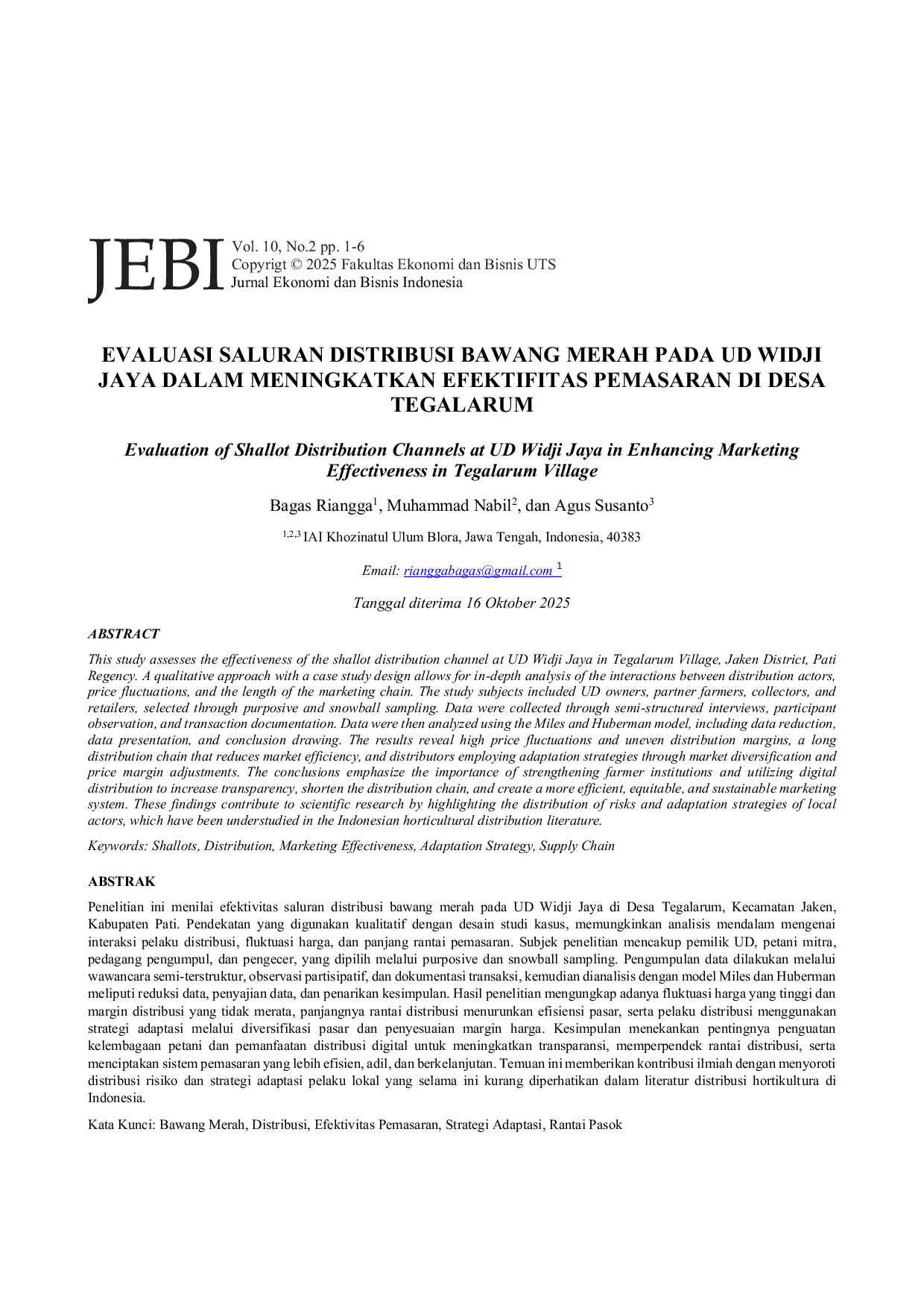 JURIS Evaluasi Saluran Distribusi Bawang Merah Pada Ud Widji Jaya Dalam Meningkatkan Efektivitas Pemasaran Di Desa Tegalarum