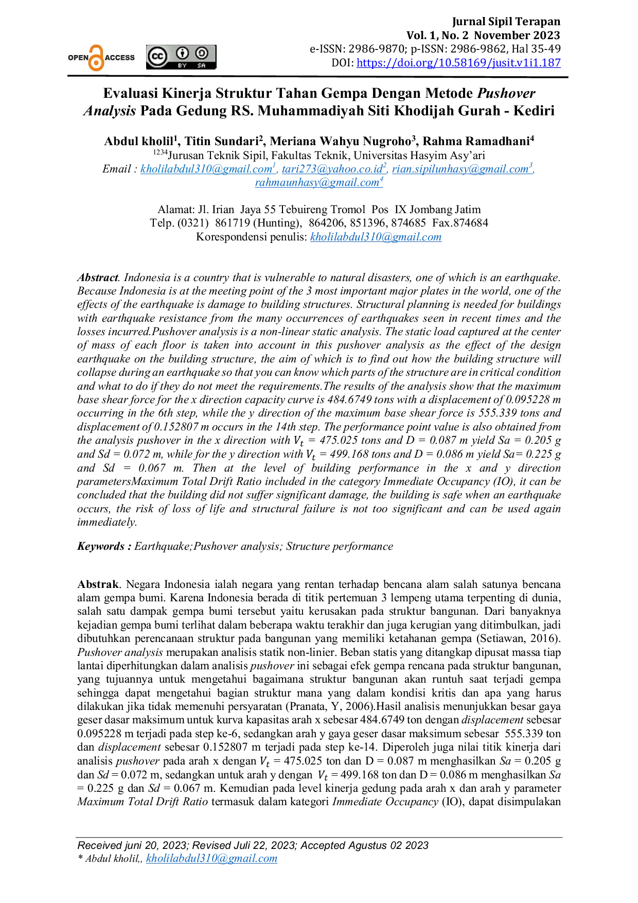 JURIS Evaluasi Kinerja Struktur Tahan Gempa Dengan Metode Pushover Analysis Pada Gedung RS Muhammadiyah Siti Khodijah Gurah Kediri