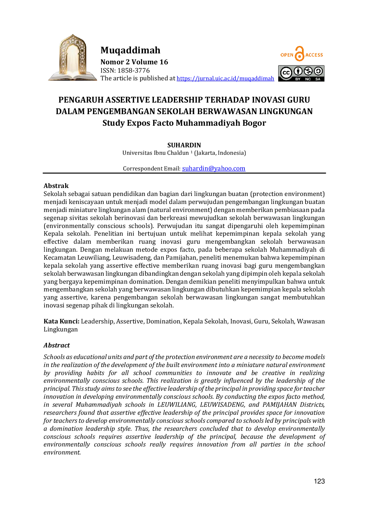 JURIS Pengaruh Assertive Leadership Terhadap Inovasi Guru Dalam Pengembangan Sekolah Berwawasan Lingkungan
