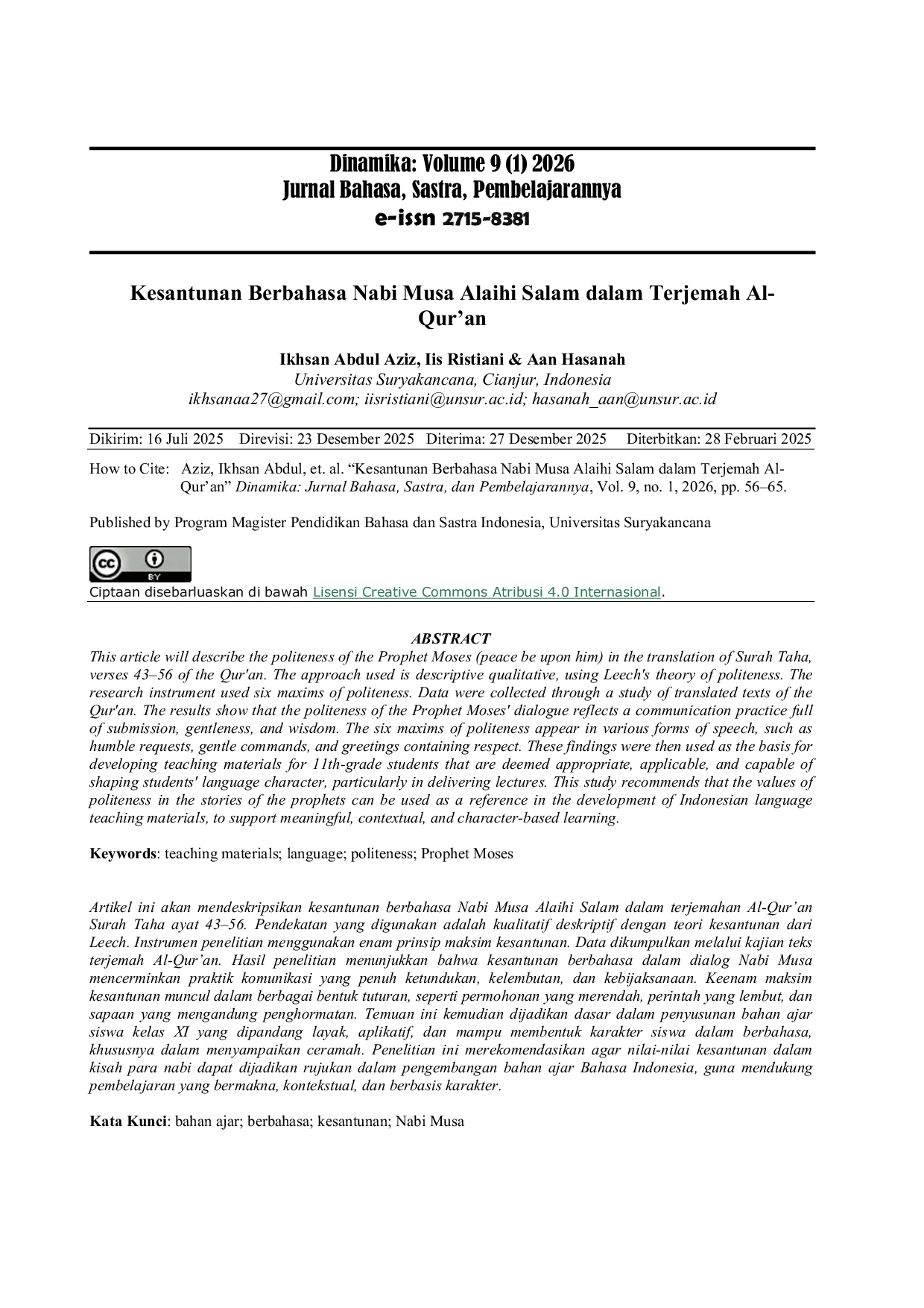 JURIS Kesantunan Berbahasa Nabi Musa Alaihi Salam dalam Terjemah Al Qur an