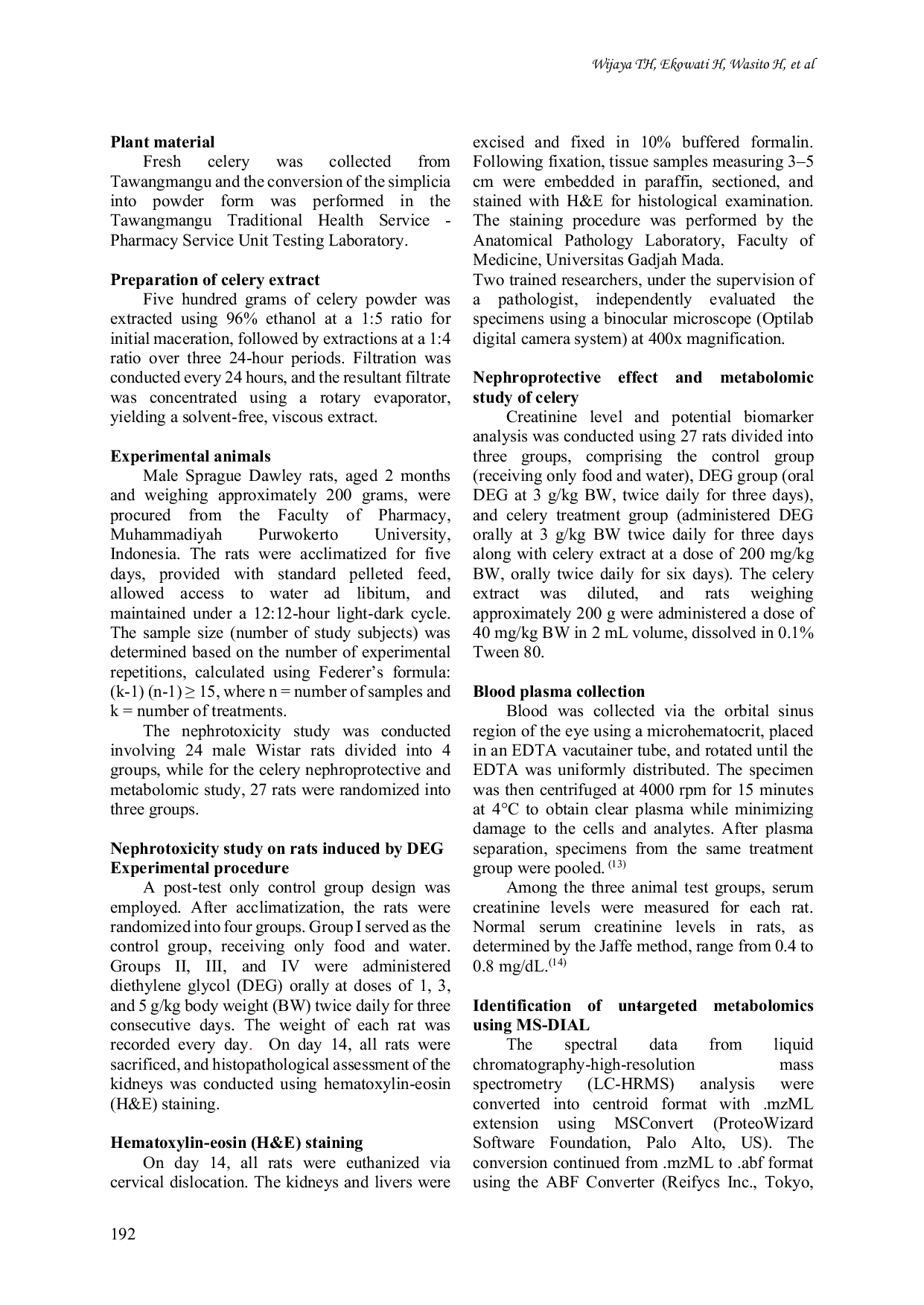 JURIS Nephroprotective Effect and Untargeted Metabolomic Analysis of Celery Extract Against Diethylene Glycol Induced Nephrotoxicity in Rats