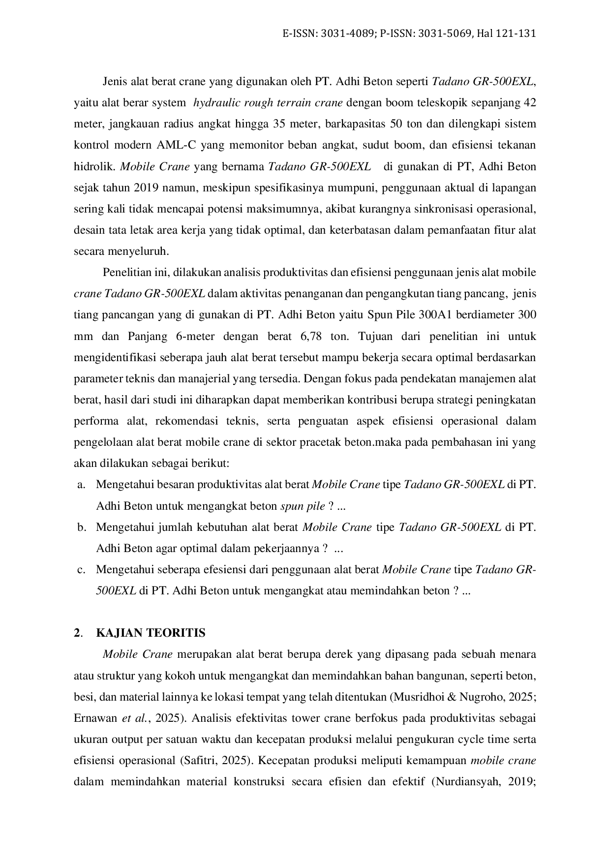 JURIS Analisis Produktivitas dan Efisiensi Mobile Crane dalam Produksi Tiang Pancang Studi kasus di PT Adhi Beton Kabupaten Purwakarta