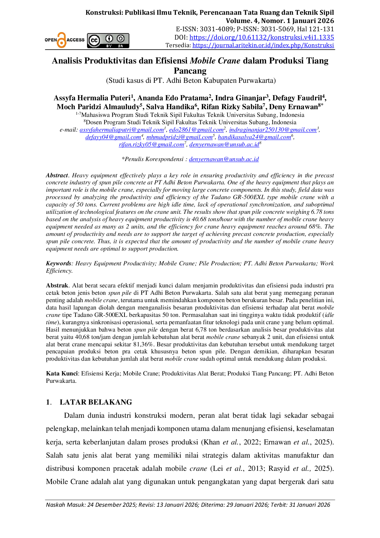JURIS Analisis Produktivitas dan Efisiensi Mobile Crane dalam Produksi Tiang Pancang Studi kasus di PT Adhi Beton Kabupaten Purwakarta