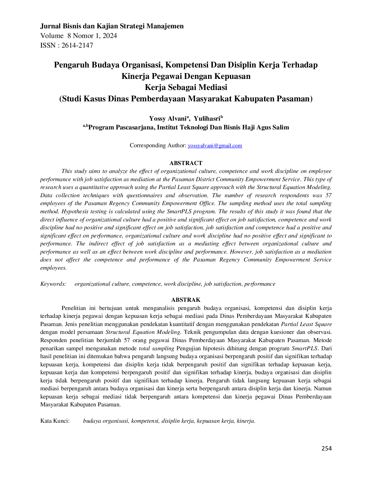 JURIS Pengaruh Budaya Organisasi Kompetensi Dan Disiplin Kerja Terhadap Kinerja Pegawai Dengan Kepuasan Kerja Sebagai Mediasi Studi Kasus Dinas Pemberdayaan Masyarakat Kabupaten Pasaman