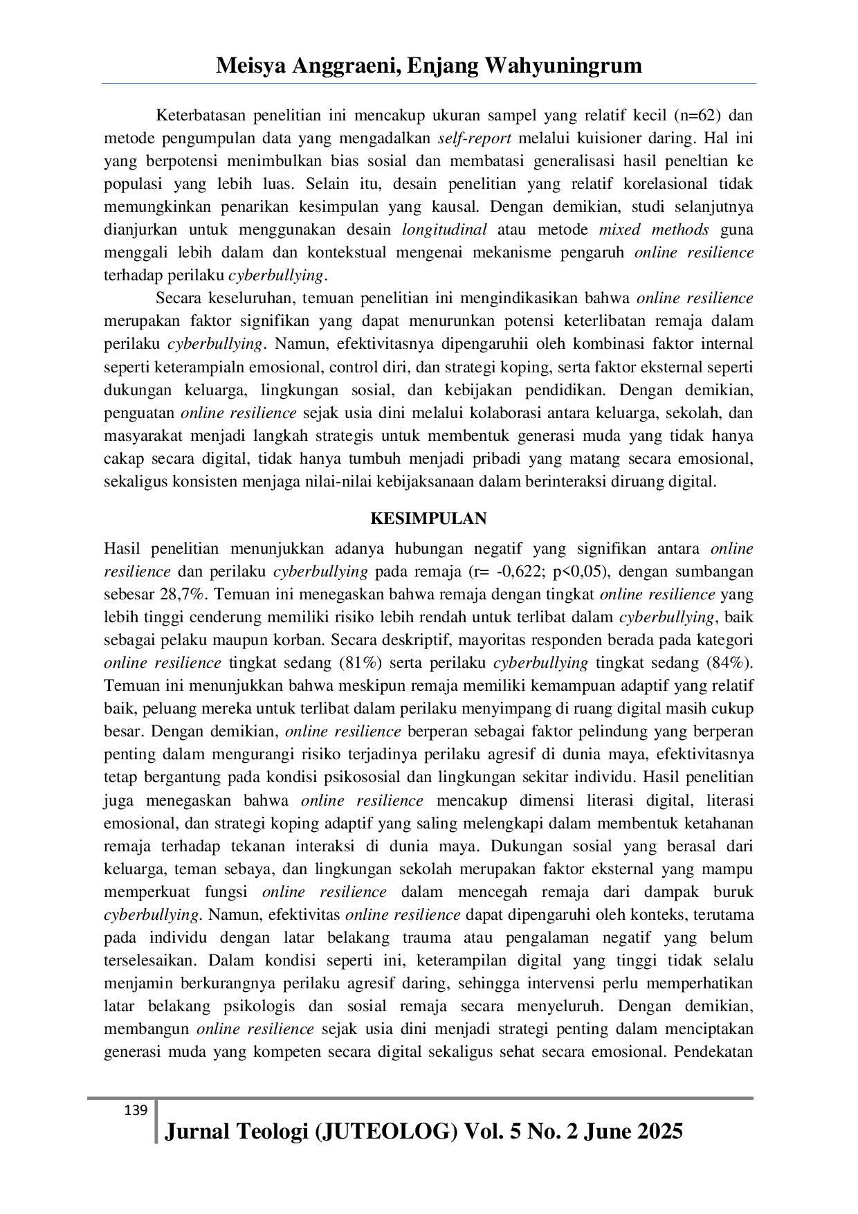 JURIS Hubungan Online Resilience Dan Perilaku Cyberbullying Pada Remaja