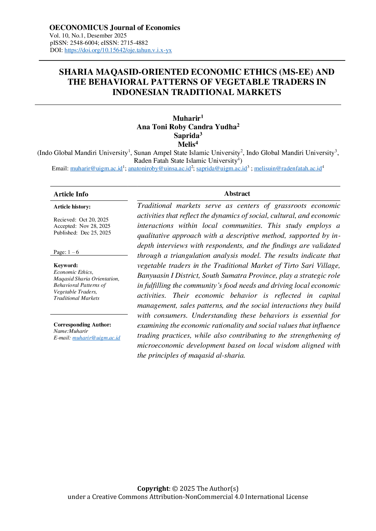 JURIS Sharia Maqasid Oriented Economic Ethics MS EE and the Behavioral Patterns of Vegetable Traders in Indonesian Traditional Markets Etika Ekonomi Berorientasi Maqasid Syariah MS EE dan Pola Peril