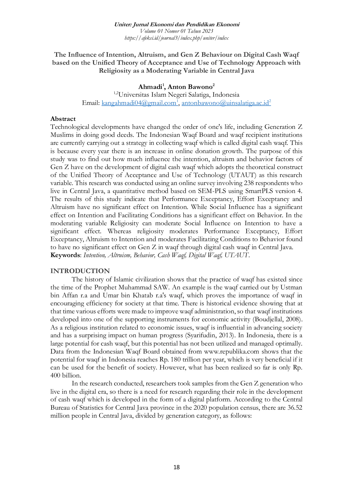JURIS The Influence of Intention Altruism and Gen Z Behaviour on Digital Cash Waqf based on the Unified Theory of Acceptance and Use of Technology Approach with Religiosity as a Moderating Variable in Cen