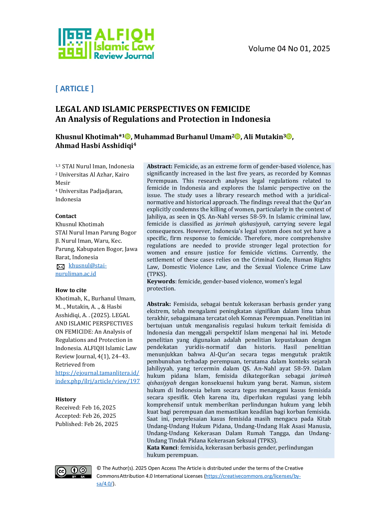 JURIS Legal and Islamic Perspectives on Femicide An Analysis of Regulations and Protection in Indonesia