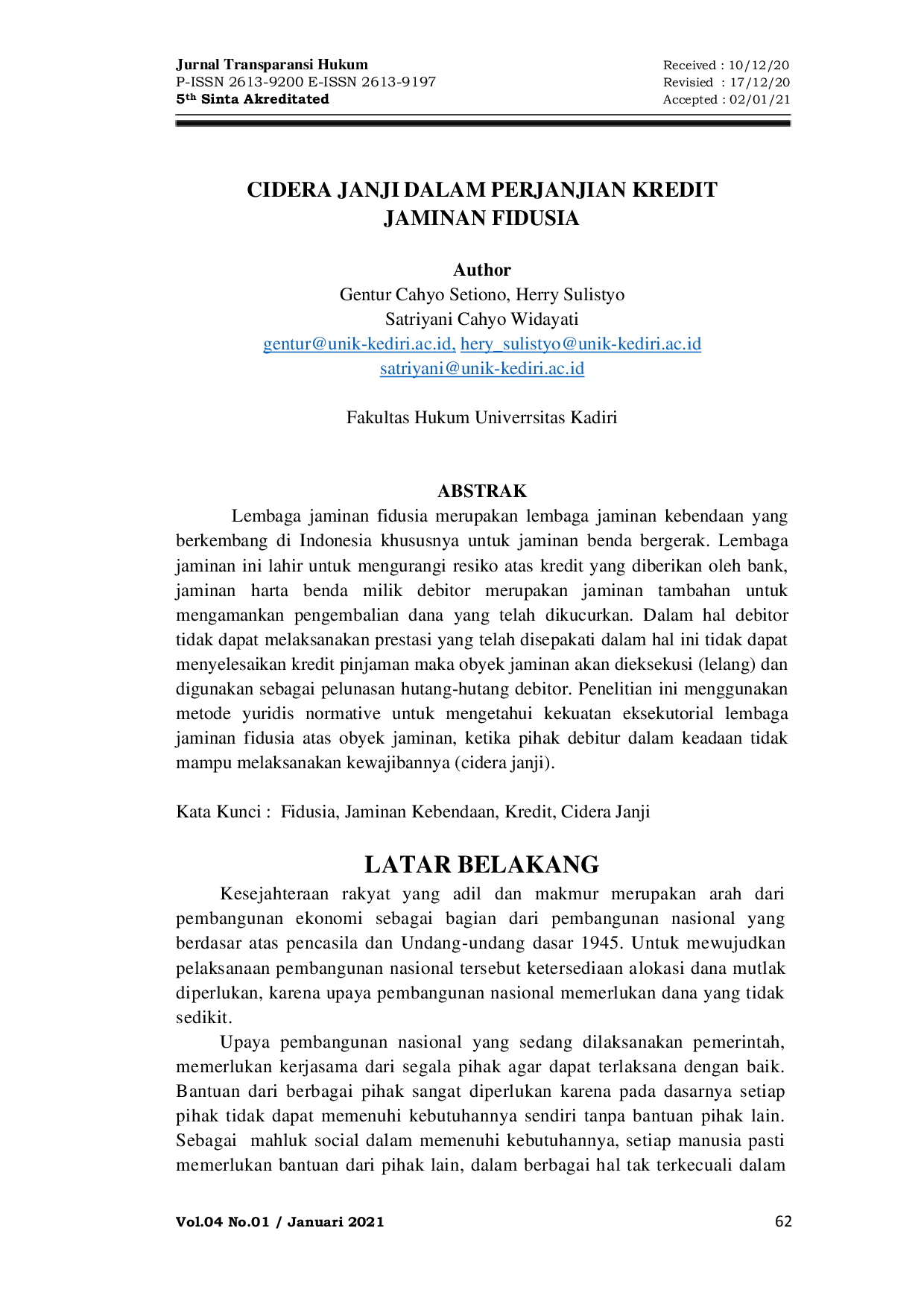 JURIS Cidera Janji Dalam Perjanjian Kredit Jaminan Fidusia