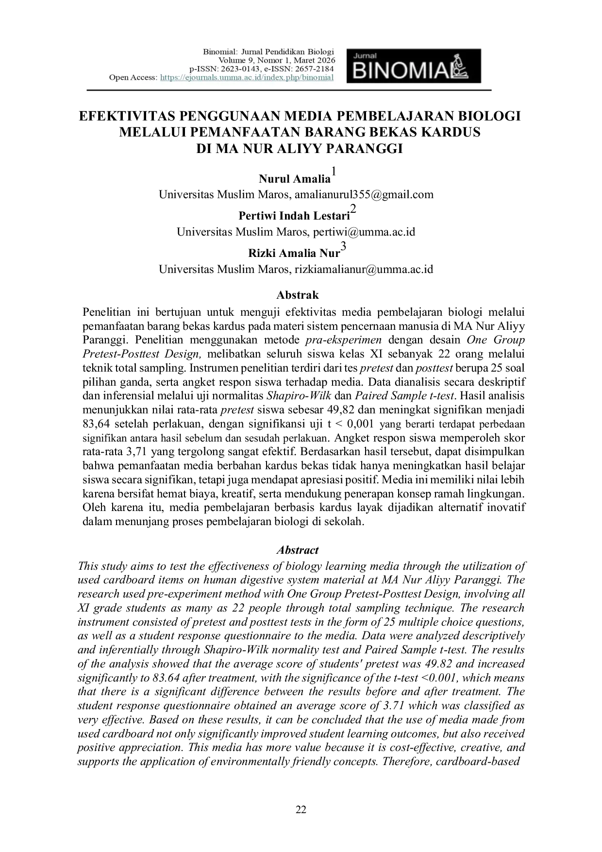 JURIS Media Pembelajaran Biologi Melalui Pemanfaatan Barang Bekas Kardus di MA Nur Aliyy Paranggi