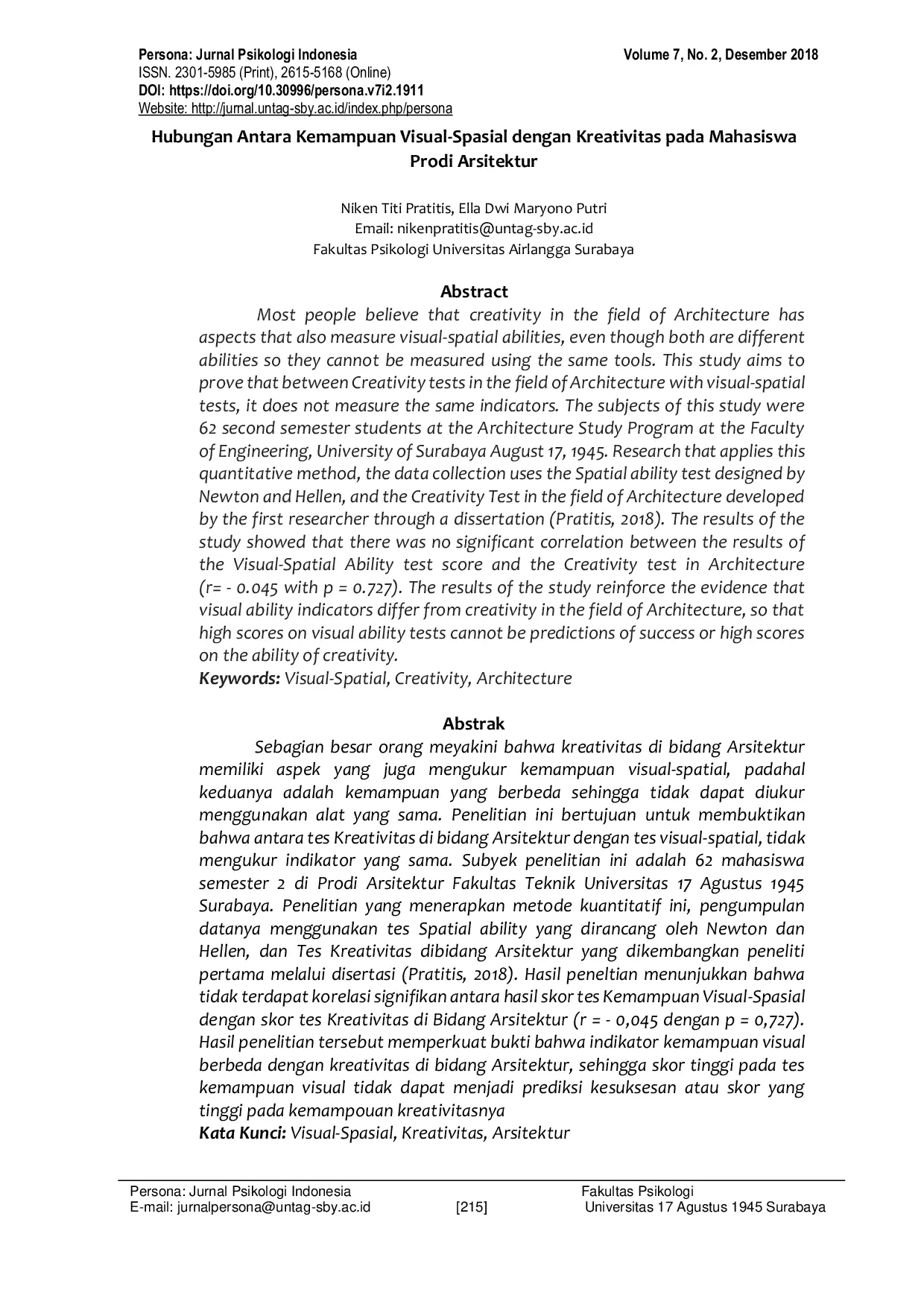 JURIS Hubungan Antara Kemampuan Visual Spasial dengan Kreativitas pada Mahasiswa Prodi Arsitektur