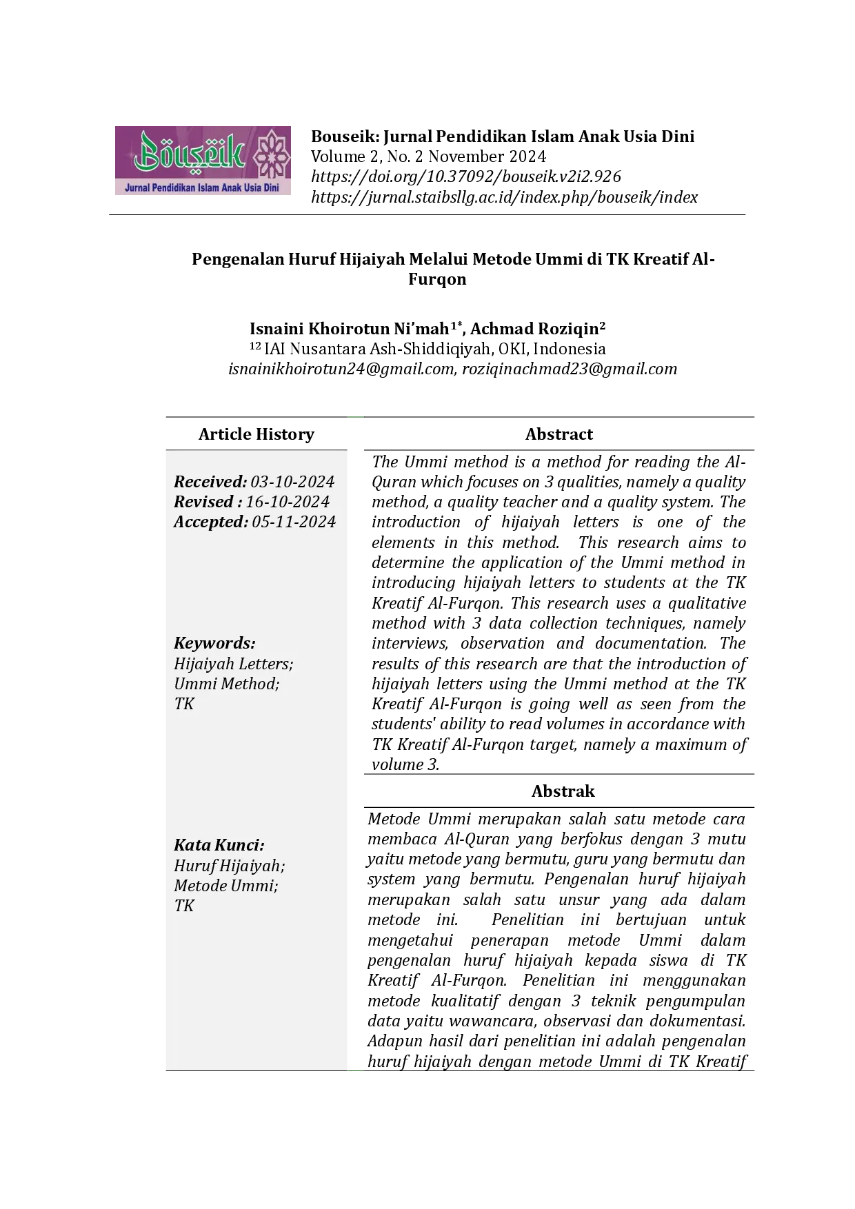 juris Pengenalan Huruf Hijaiyah Melalui Metode Ummi di TK Kreatif Al Furqon