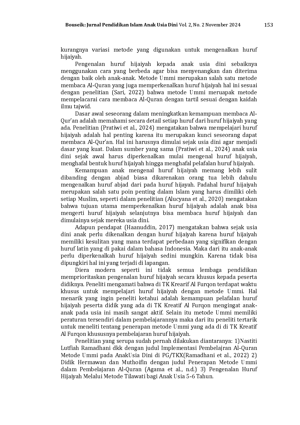juris Pengenalan Huruf Hijaiyah Melalui Metode Ummi di TK Kreatif Al Furqon