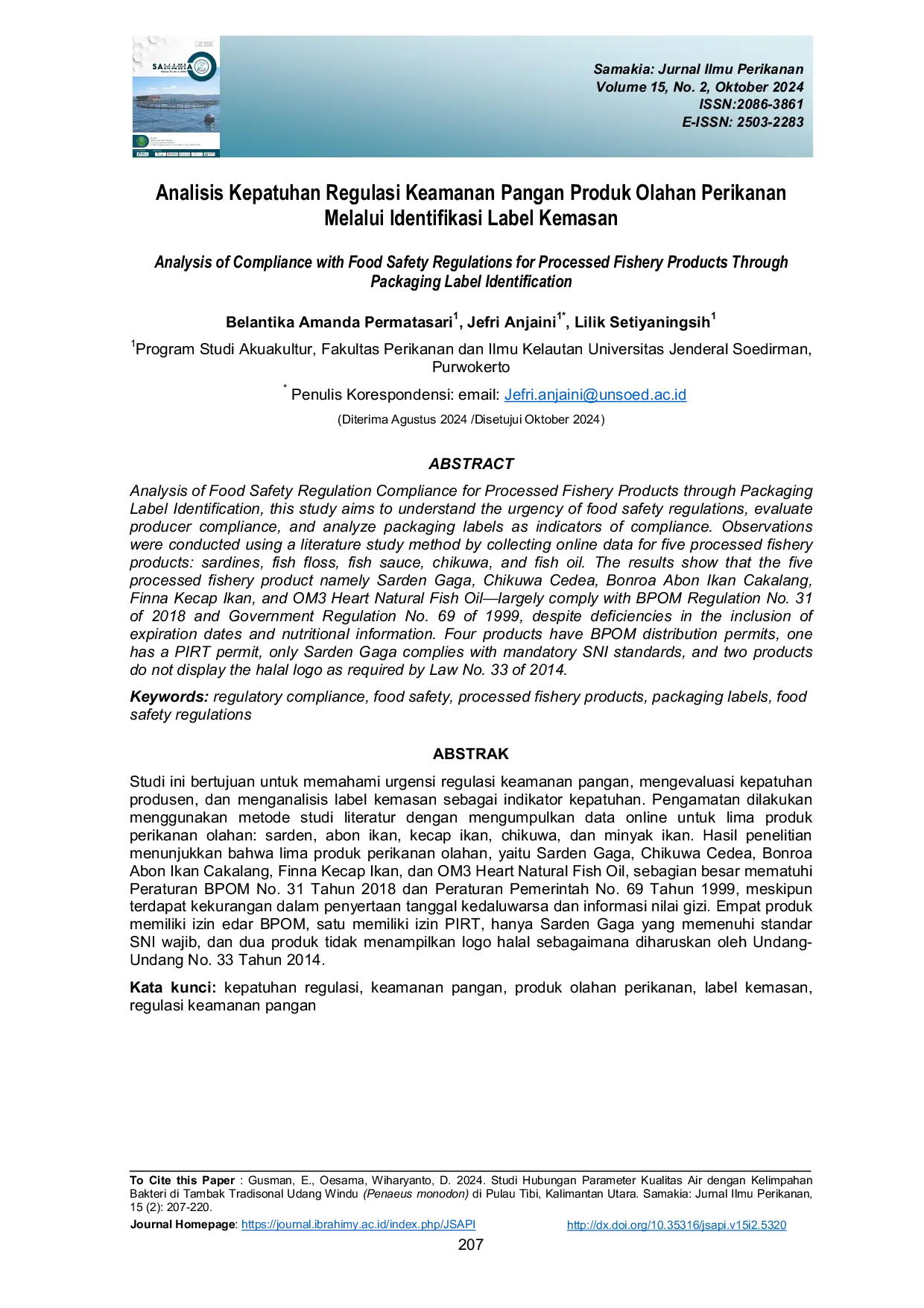 JURIS Analisis Kepatuhan Regulasi Keamanan Pangan Produk Olahan Perikanan Melalui Identifikasi Label Kemasan
