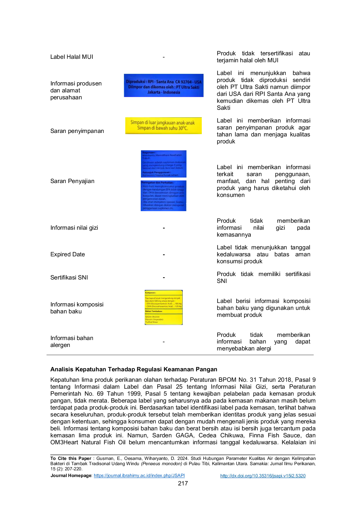 JURIS Analisis Kepatuhan Regulasi Keamanan Pangan Produk Olahan Perikanan Melalui Identifikasi Label Kemasan