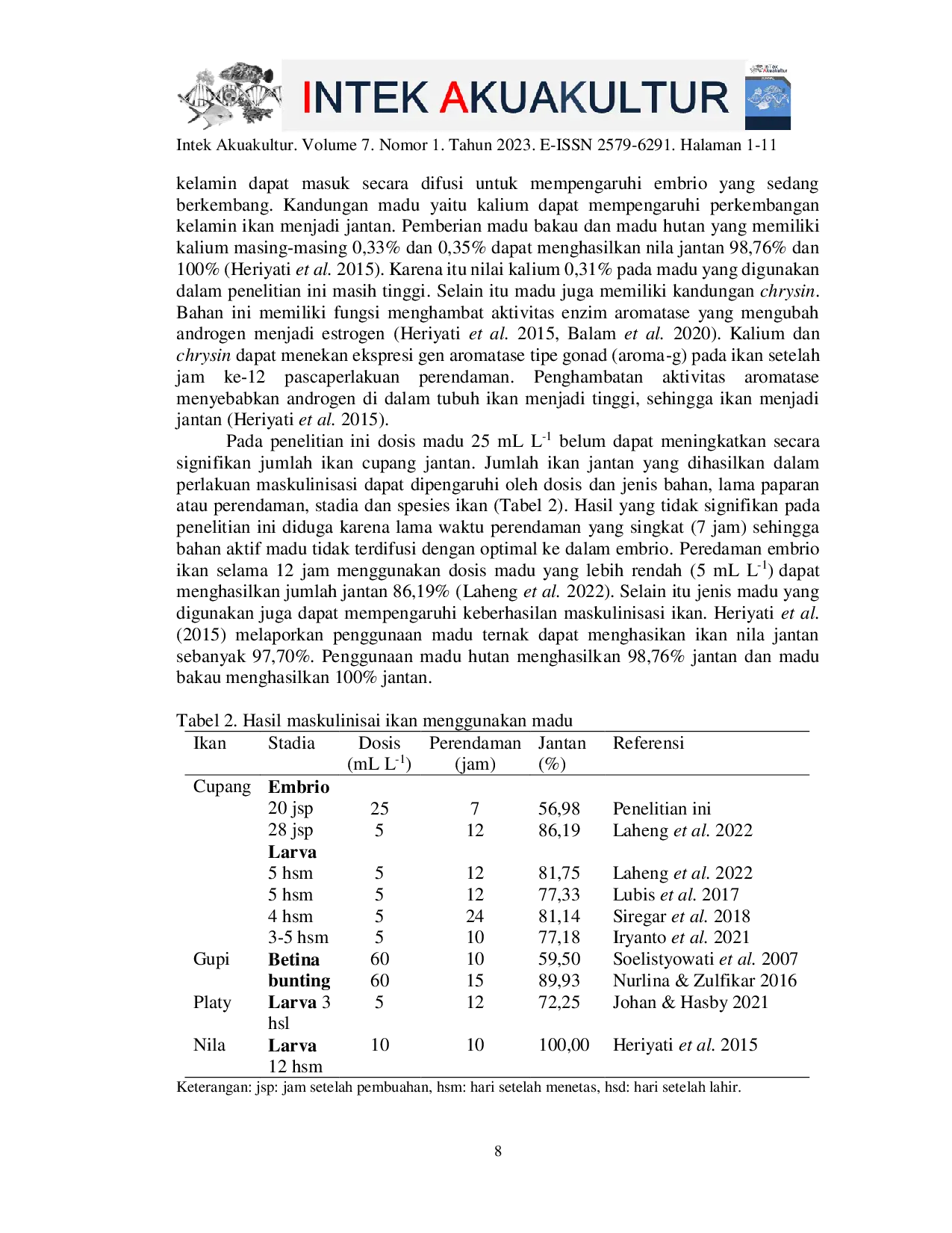 JURIS Penggunaan Madu untuk Maskulinisasi Ikan Cupang Betta splendens Teleostei Osphronemidae Melalui Metode Perendaman Embrio