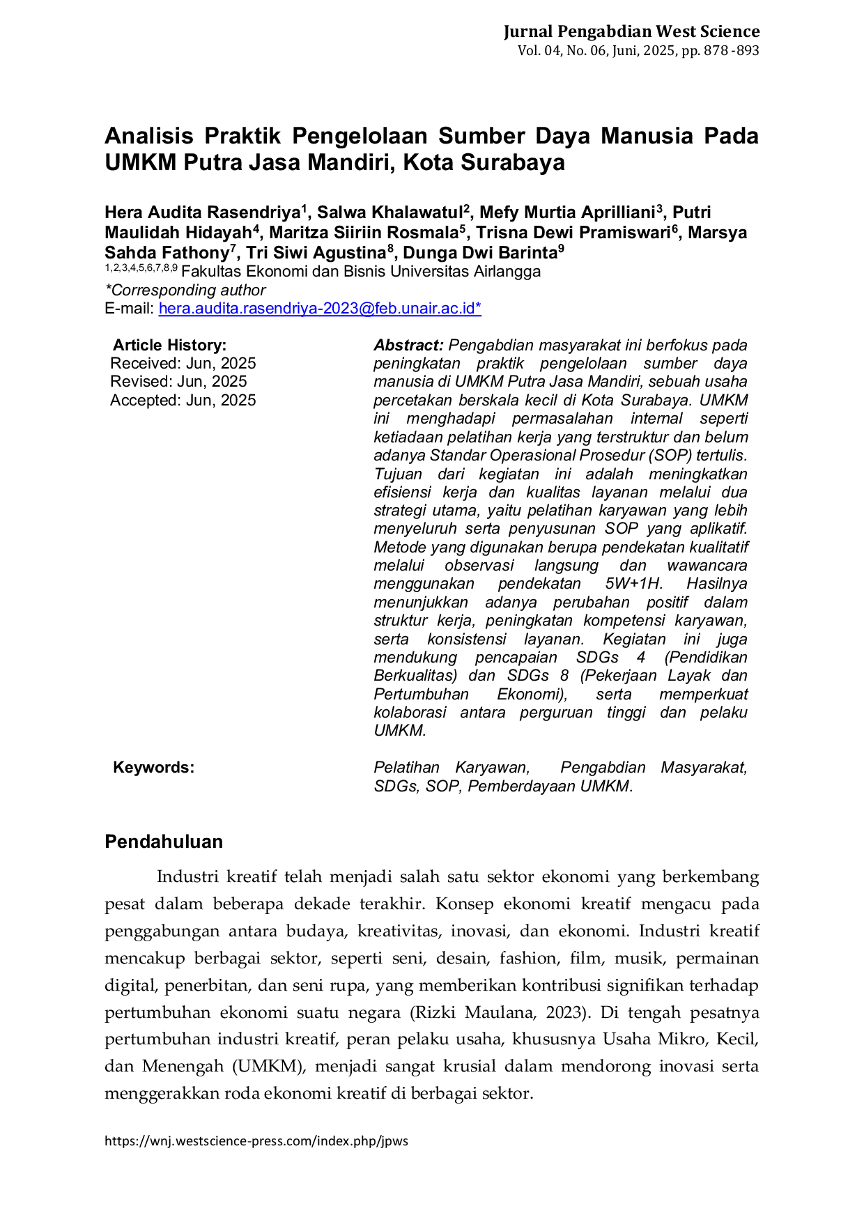 JURIS Analisis Praktik Pengelolaan Sumber Daya Manusia Pada UMKM Putra Jasa Mandiri Kota Surabaya