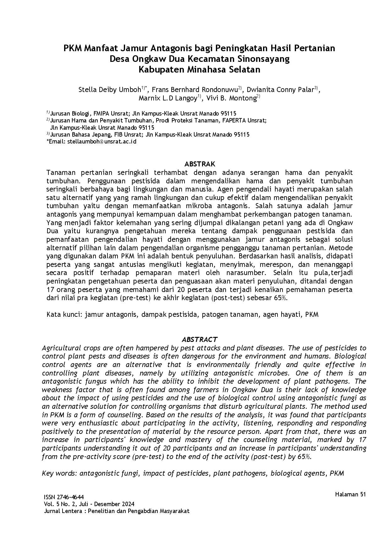 juris PKM Manfaat Jamur Antagonis bagi Peningkatan Hasil Pertanian Desa Ongkaw Dua Kecamatan Sinonsayang Kabupaten Minahasa Selatan