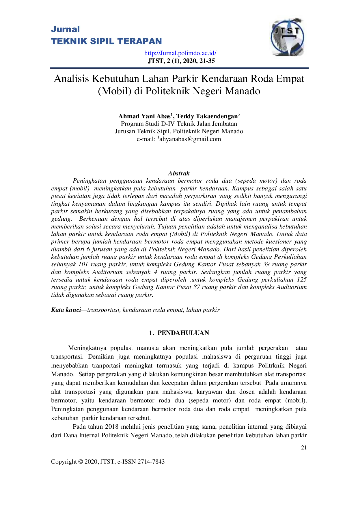 JURIS Analisis Kebutuhan Lahan Parkir Kendaraan Roda Empat Mobil di Politeknik Negeri Manado