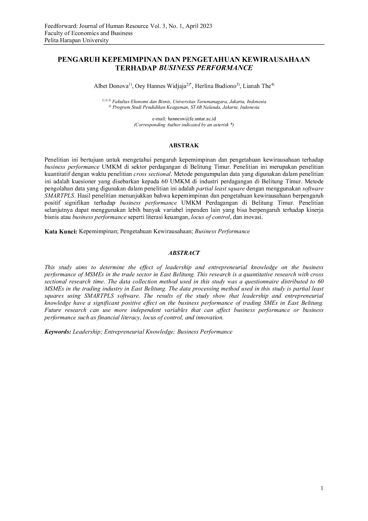 JURIS Pengaruh Kepemimpinan dan Pengetahuan Kewirausahaan Terhadap Business Performance Effect of Leadership and Entrepreneurial Knowledge on Business Performance